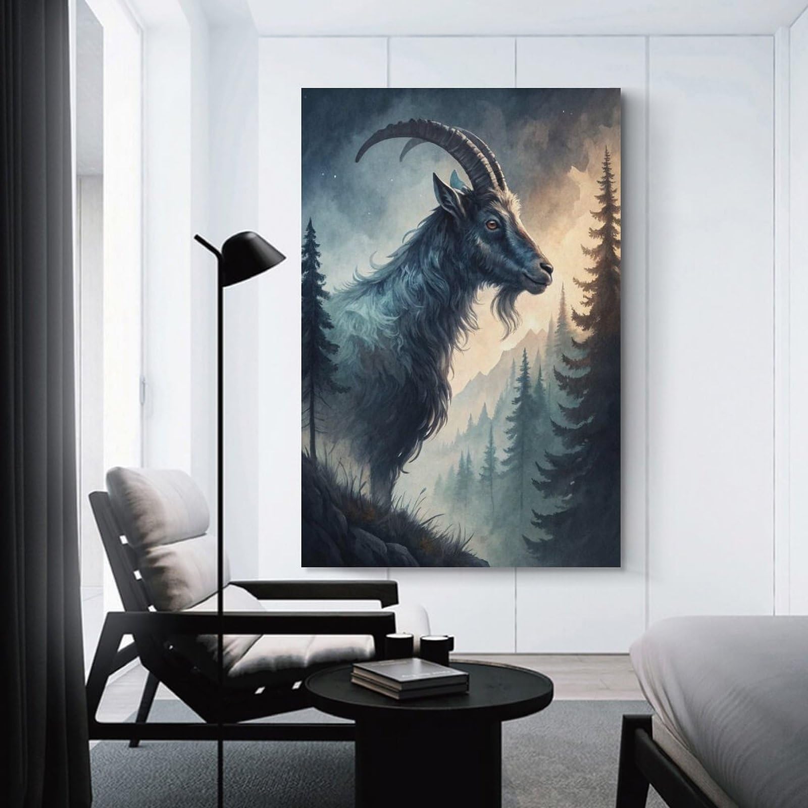 Junmoney Canvas Art Print Majestic Ibex in Misty Mountains, 24x36inch(60x90cm), for Office, Study Or Home Workspace, Home Office Artwork with Decorative Appeal