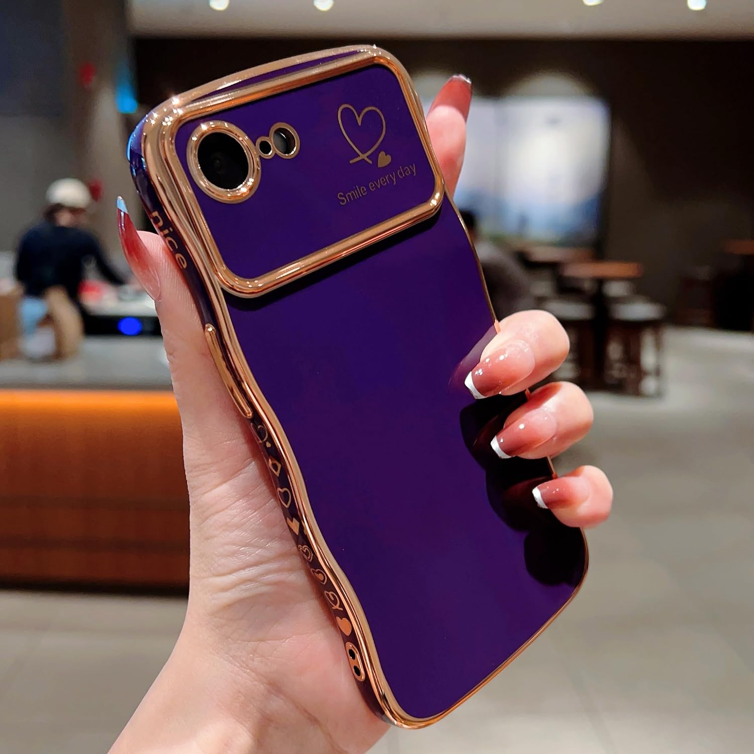 IDweel for iPhone 16e Case for Women Girls,Cute Case for iPhone 17e (2026),Luxury Wave Frame Curly Shape with Love Heart Raised Camera Protection Slim Fit Cover Plating Case, Dark Purple image 5