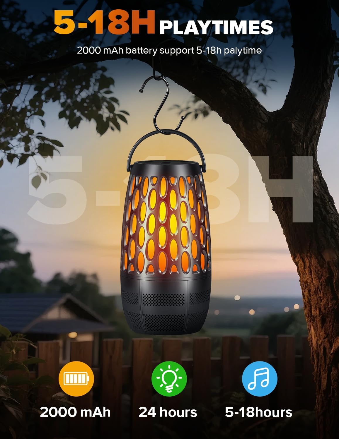 Upgraded Outdoor Speakers with Flame & RGB Lights, 10W HD Stereo, Bluetooth 5.3 Auto-Pairing, Multi-Sync 100+ Speakers, IPX6 Waterproof, Perfect for Patio, Pool, Party | Gifts for Men & Women(1Pack) - Image 6