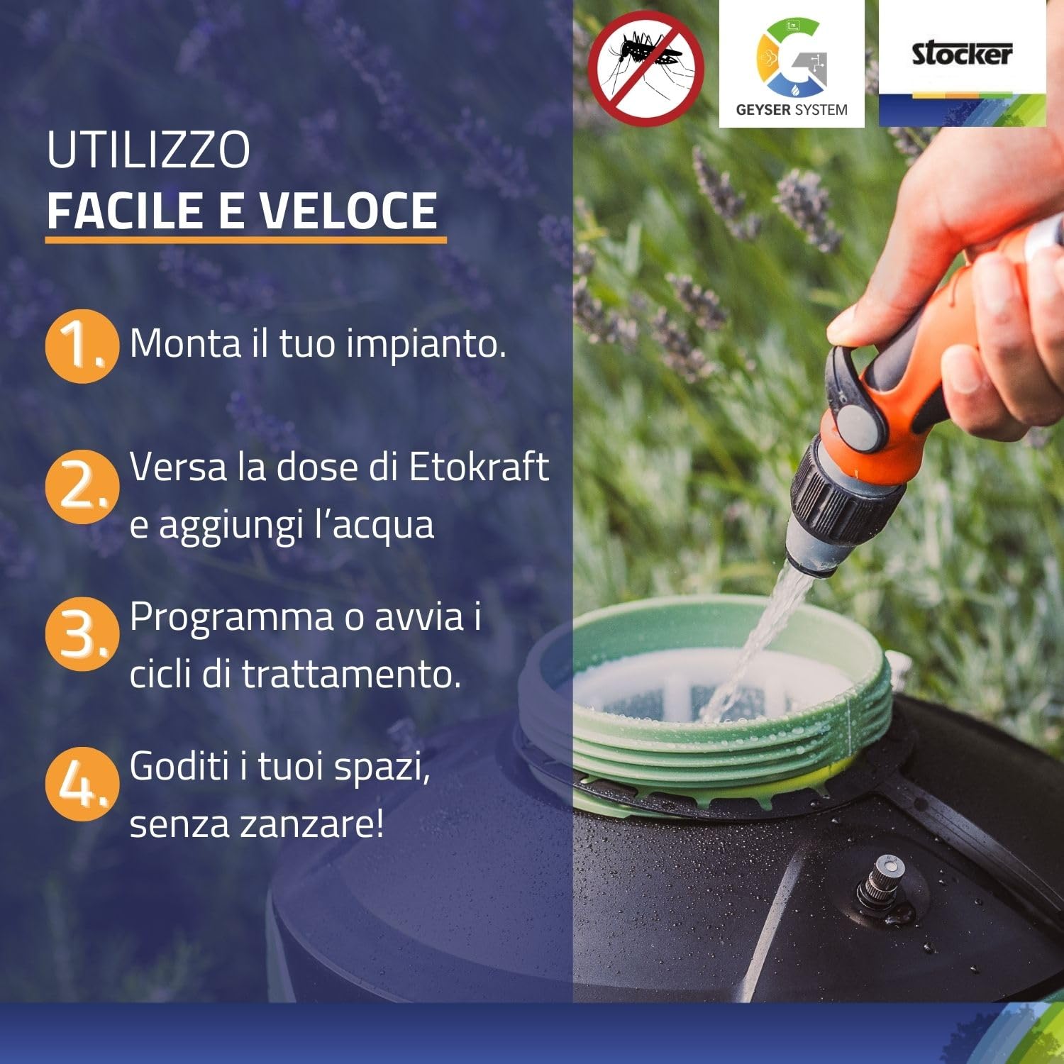 STOCKER - Geyser Nebulizzatore 25 L MI 21 V - Kit Completo Anti-Zanzare con Batteria Li-Ion 21V, Serbatoio 25L e 100 m di Tubo - Copertura fino a 400 mq - Sistema di Miscelazione Interna