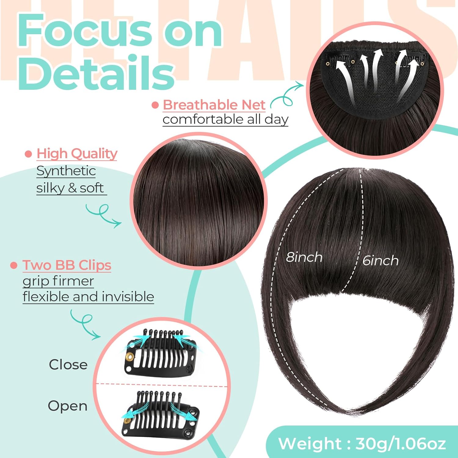 Clip in Bangs, Synthetic French Bangs Hair Clip, Fake Bangs Fringe with Temples Hairpieces for Women 998