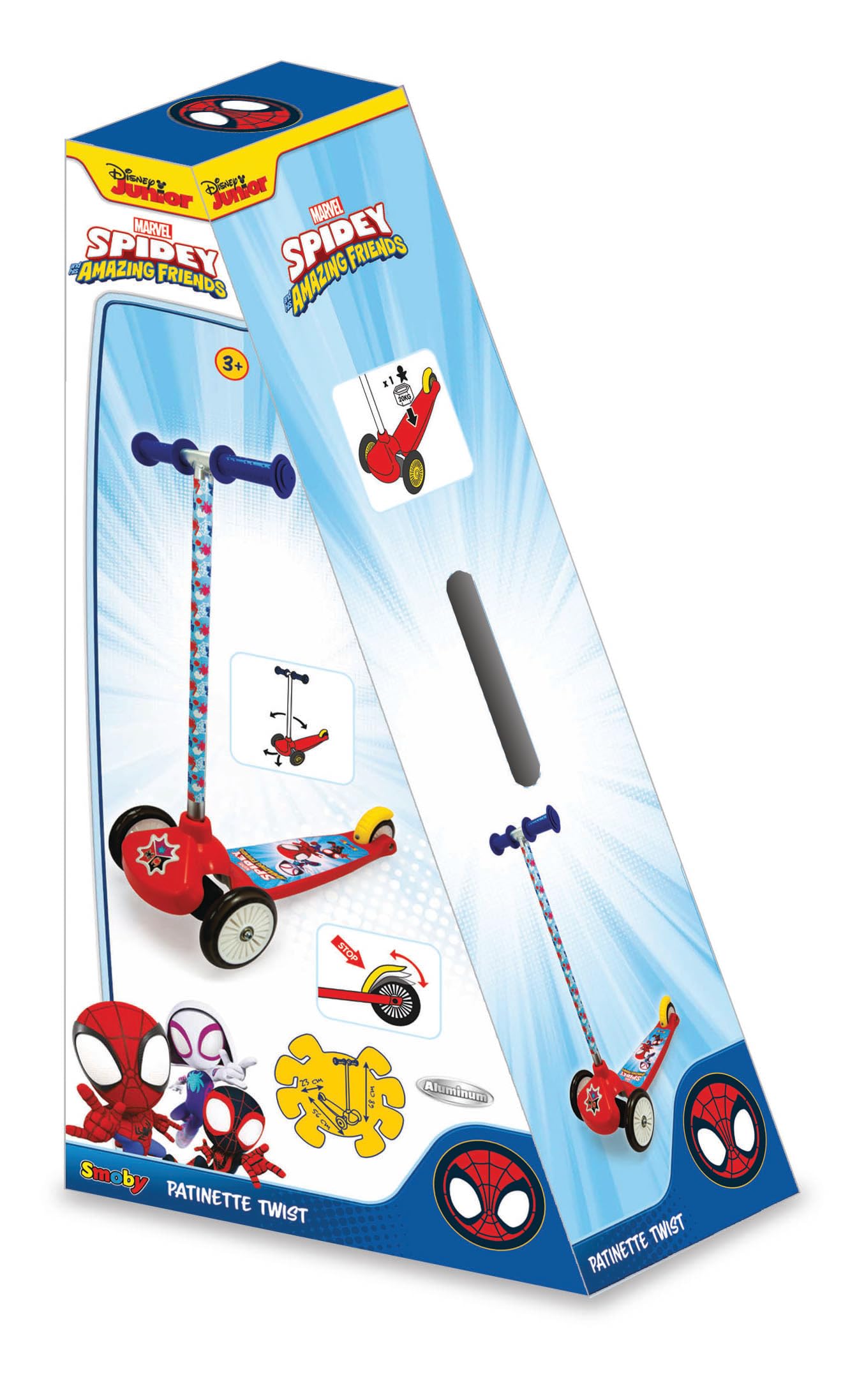Smoby- Spidey Monopattino 3 ruote Twist, 7600750230, +5 ann, a licenza ufficiale