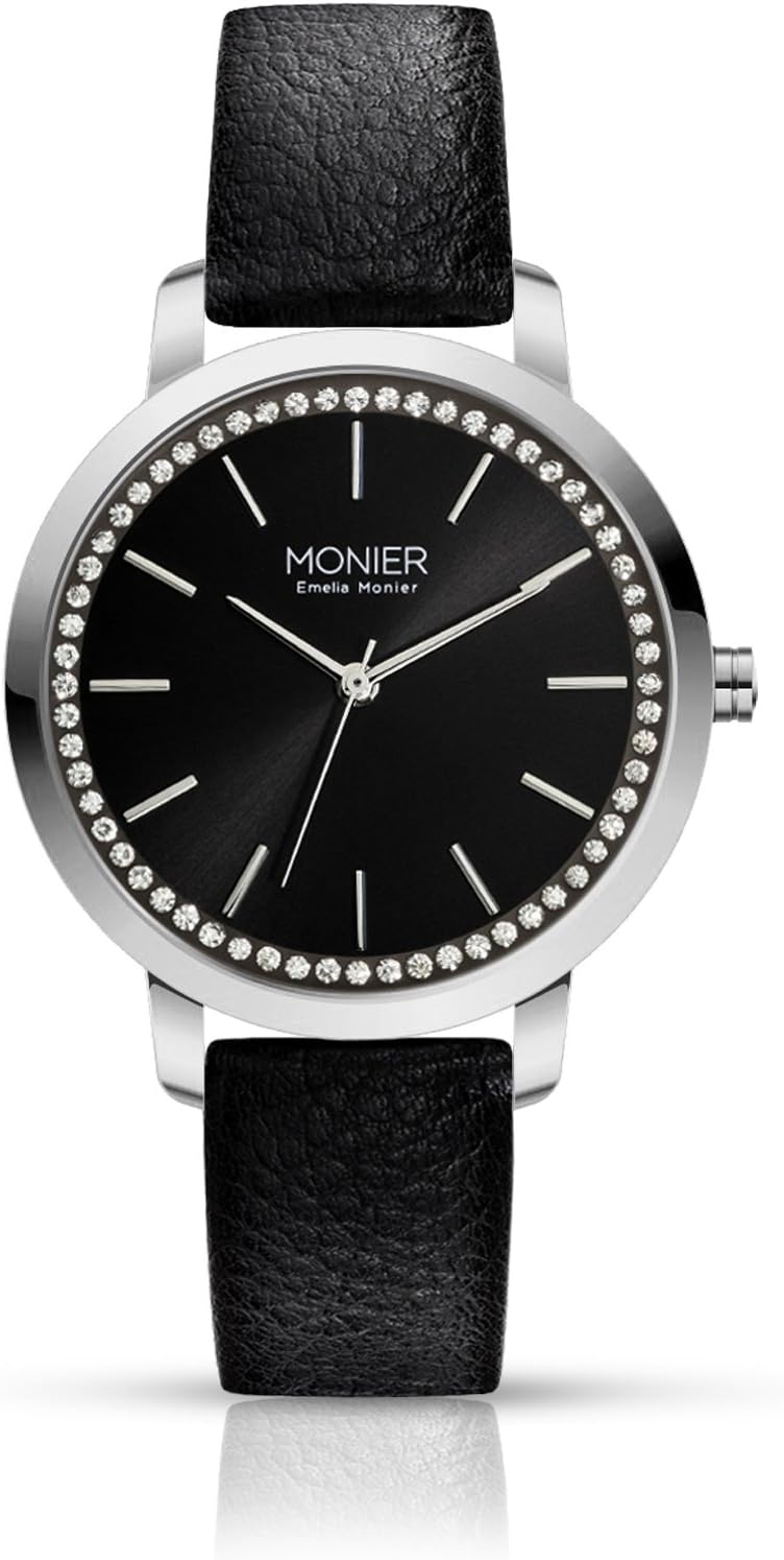 Emelia Monier Sparkling Circle Silver Tone Women's Watch with Black Sunray Dial and Black Leather Strap EML002-01BL