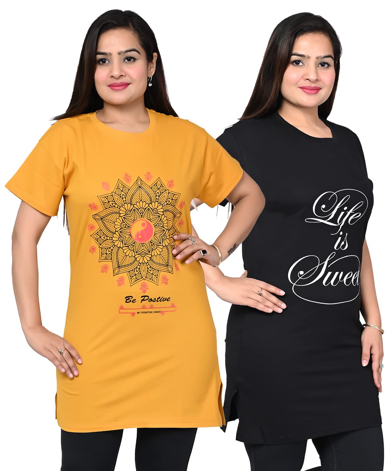 Women's/Ladies/Girls Printed Long Polo T-Shirts | Regular Fit Cotton T-Shirts/Tops/Long Night Wear & Daily Use T-Shirt for Women's & Girls | Combo (Pack of 2)-picture-13