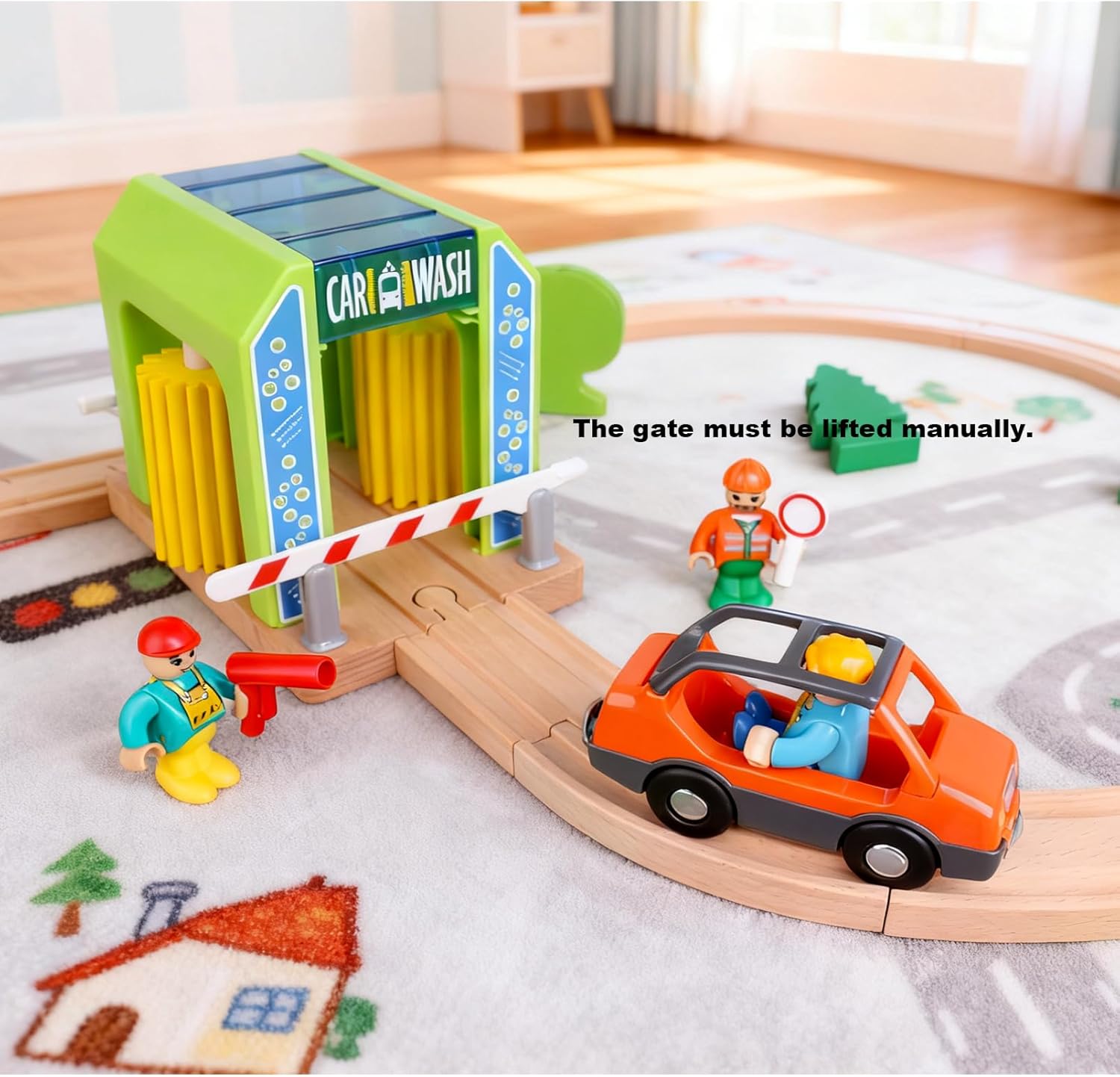 Wooden Car Wash Station with Train Truck,Expansion Pack Compatible with Railway Train Set,Wooden Toy Train Accessory for Kids Age 3 and Up