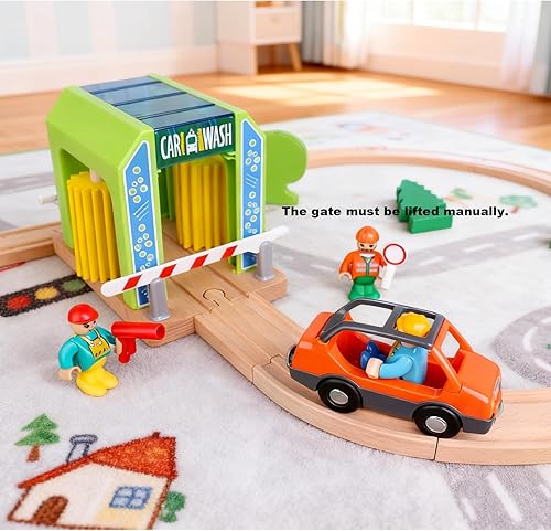 Miniatura 2 de Estación de lavado de autos de madera con camión de tren, paquete de expansión compatible con juego de tren de ferrocarril, accesorio de tren de