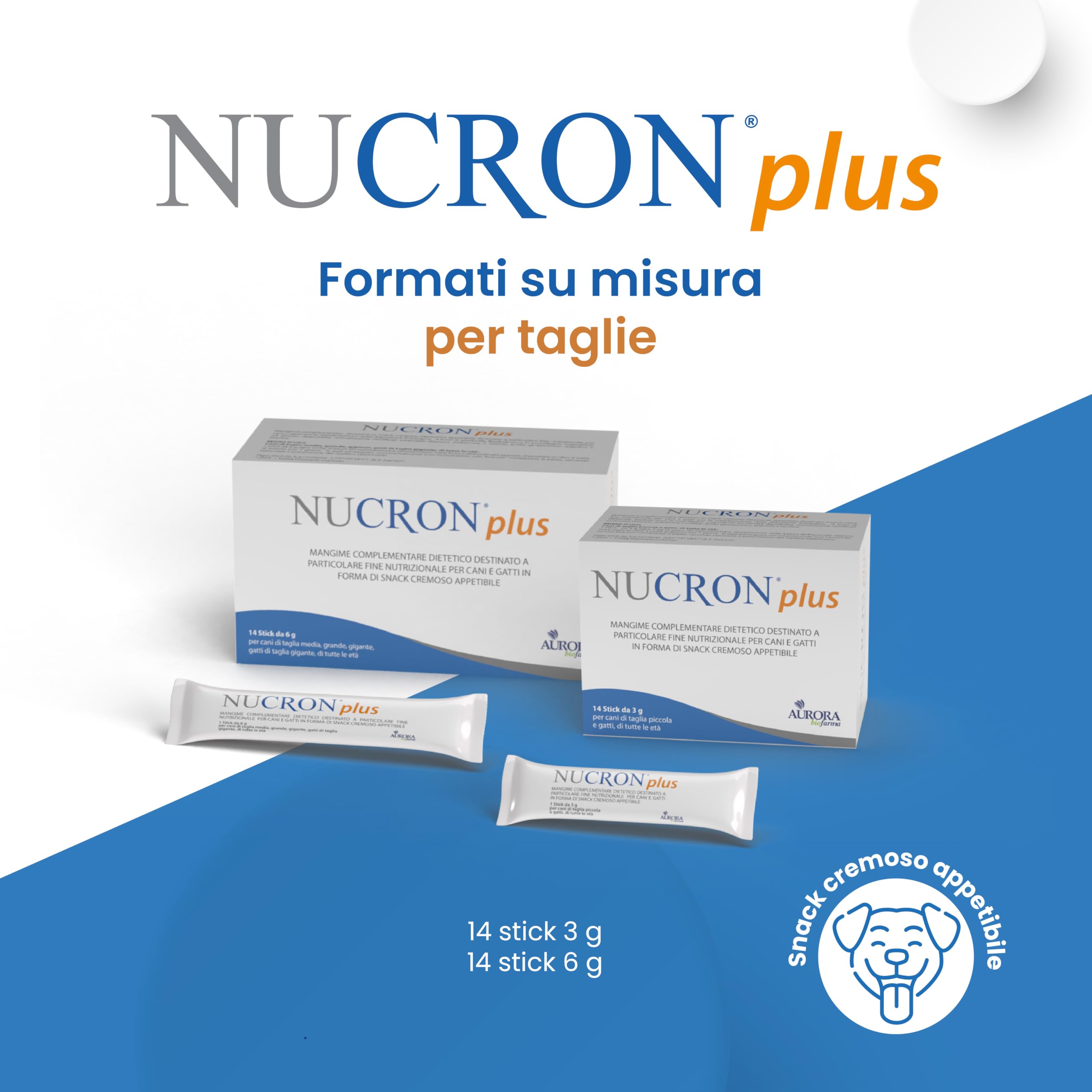 Nucron Plus Mangime Complementare per Gatti e Cani Piccoli, 14 Stick da 3g | Aminoacidi ramificati, arginina, taurina, baobab, probiotico e vitamine B. 1 stick 2 volte al giorno da 10 a 20 kg.
