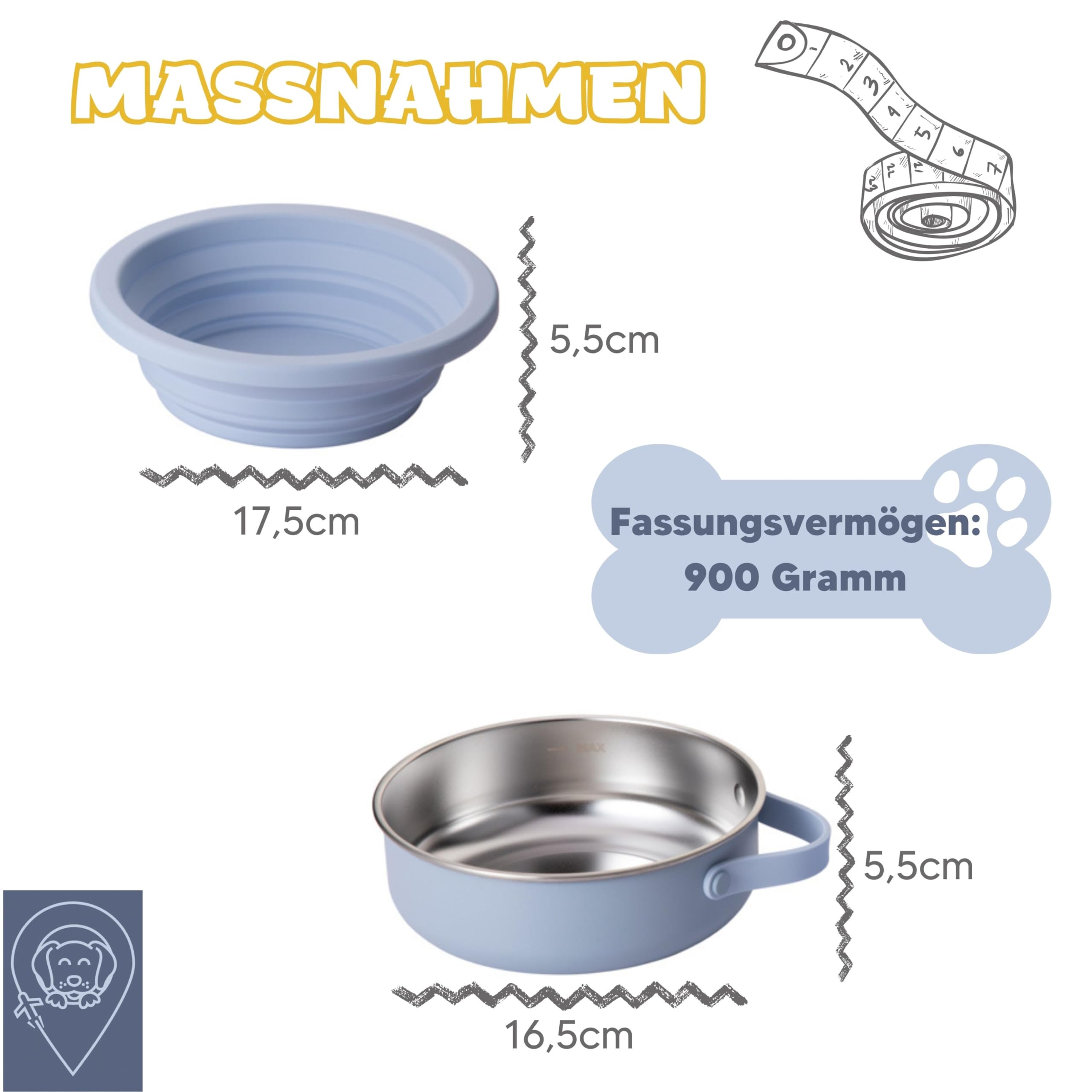 KPET® 2-in-1 Hundenapf Faltbar Für Unterwegs, Futternapf Hund Ideal Für den Alltag, Trinknapf Für den Hund - Reisenapf 900ml, Hundenäpfe Faltbare Reiseschale Edelstahl, Silikon, rutschfest