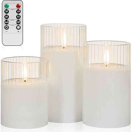 ANGELLOONG Clear Glass Flickering Flameless Candles Battery Operated with Remote Control, LED Pillar Candles with Timer, Romantic Candles for Bathroom Home Decor, Set of 3