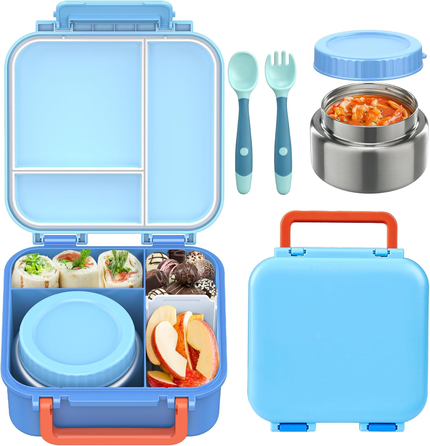 BEAQUEE Bento Box for Kids with Soup Thermos(9oz)– Kid Bento Lunch Box with Leak Proof Insulated Food Jar, Hot & Cold Lunch Container Set for School Girls Boys, 4-Compartments, Dishwasher Safe, Blue