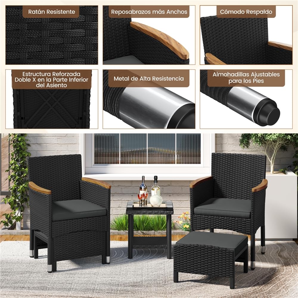 Yaheetech Conjunto de Muebles Ratán de Jardín 5 Piezas con Cojines, 2 Sillones 2 Otomanas y 1 Mesa de Café para Patio, Piscina y Trasero, Color Negro/GIRS Negro/GIRS