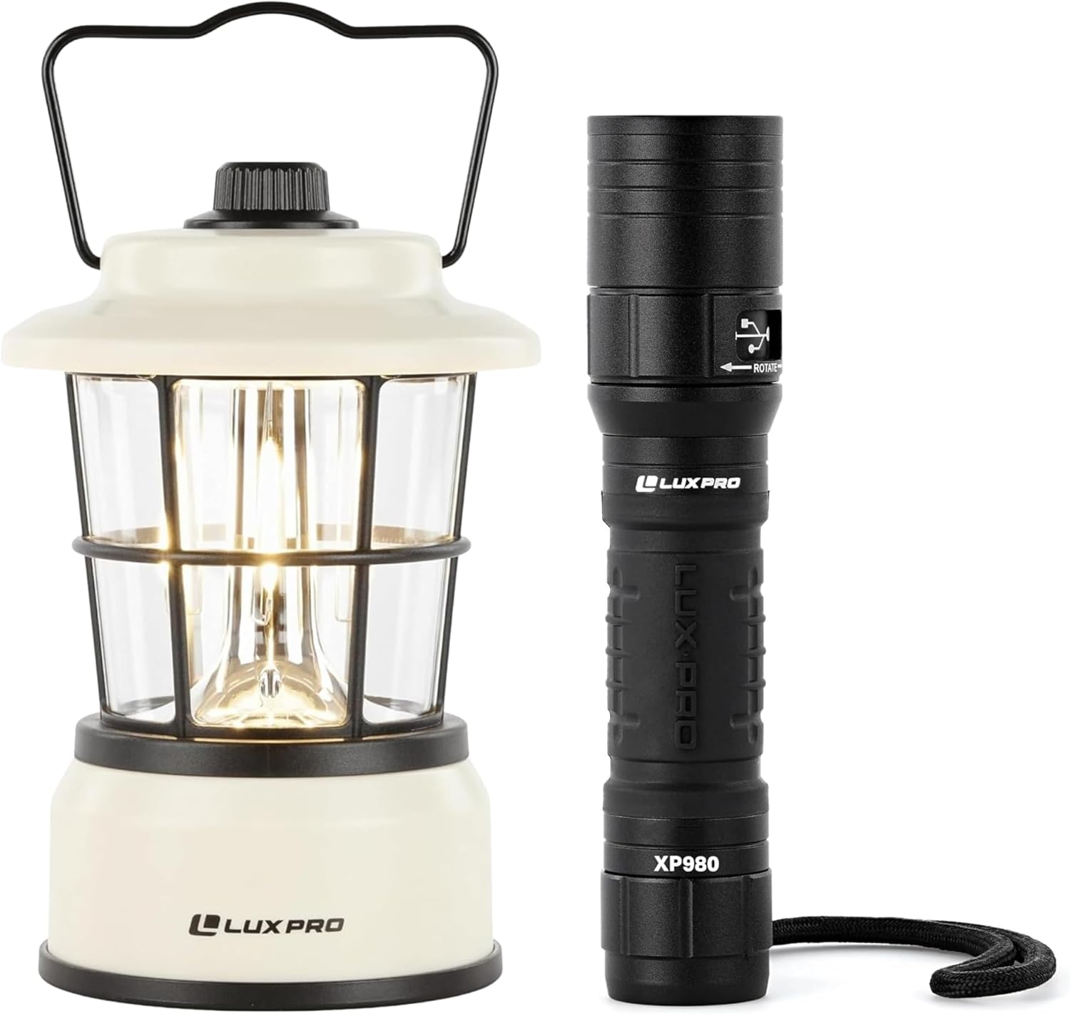 LUXPRO Retro LED Lantern & XP980 Rechargeable Flashlight Bundle – Warm Ambient & 760 Lumen Tactical Light Kit for Camping, Emergencies, and Outdoor Adventures