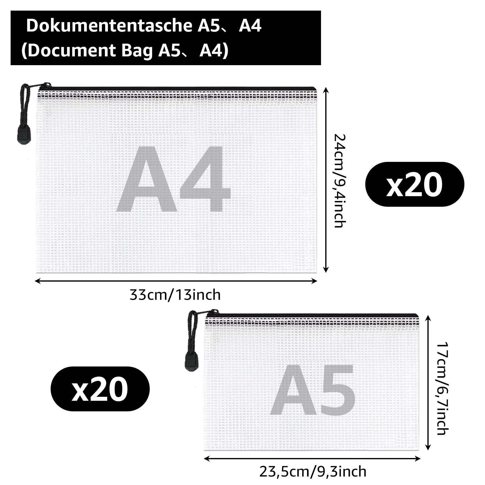 40 Stück Dokumententasche A4+A5, Wasserdichte Dokumententasche A5, Transparente Zip Beutel mit Reißverschluss, Mesh Plastiktasche mit Reißverschluss für Dokumente, Papier, und Kosmetika