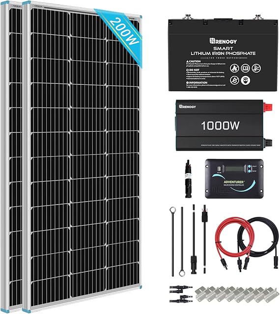 Renogy 200W Solar Panel Kit 12 Volt Power System Kit with Battery & Inverter: 2PCS 100W Solar Panel + 30A LCD PWM Controller + 100Ah Lithium Battery + 1000W Inverter for Motorhome, Caravan, Off-grid