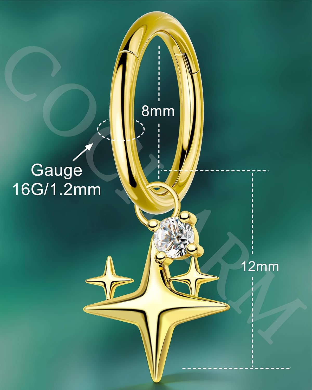 COCHARM Clicker Rook Earrings，16G Gold Plated Rook Piercing Jewelry Hoop，Dangle Star Helix Earrings 6/8MM