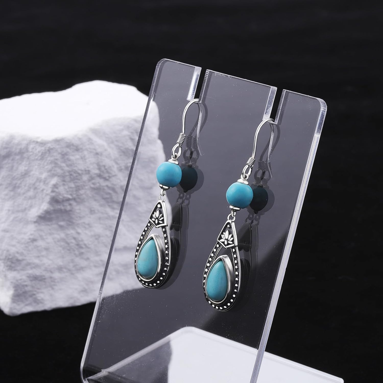 Turquoise Teardrop Earrings for Women - 925 Sterling Silver Hypoallergenic Western Boho Lotus Waterdrop Dangle Drop Earrings Jewelry Turquoise Stone Gift for Cowgirl Cowboy - Image 4