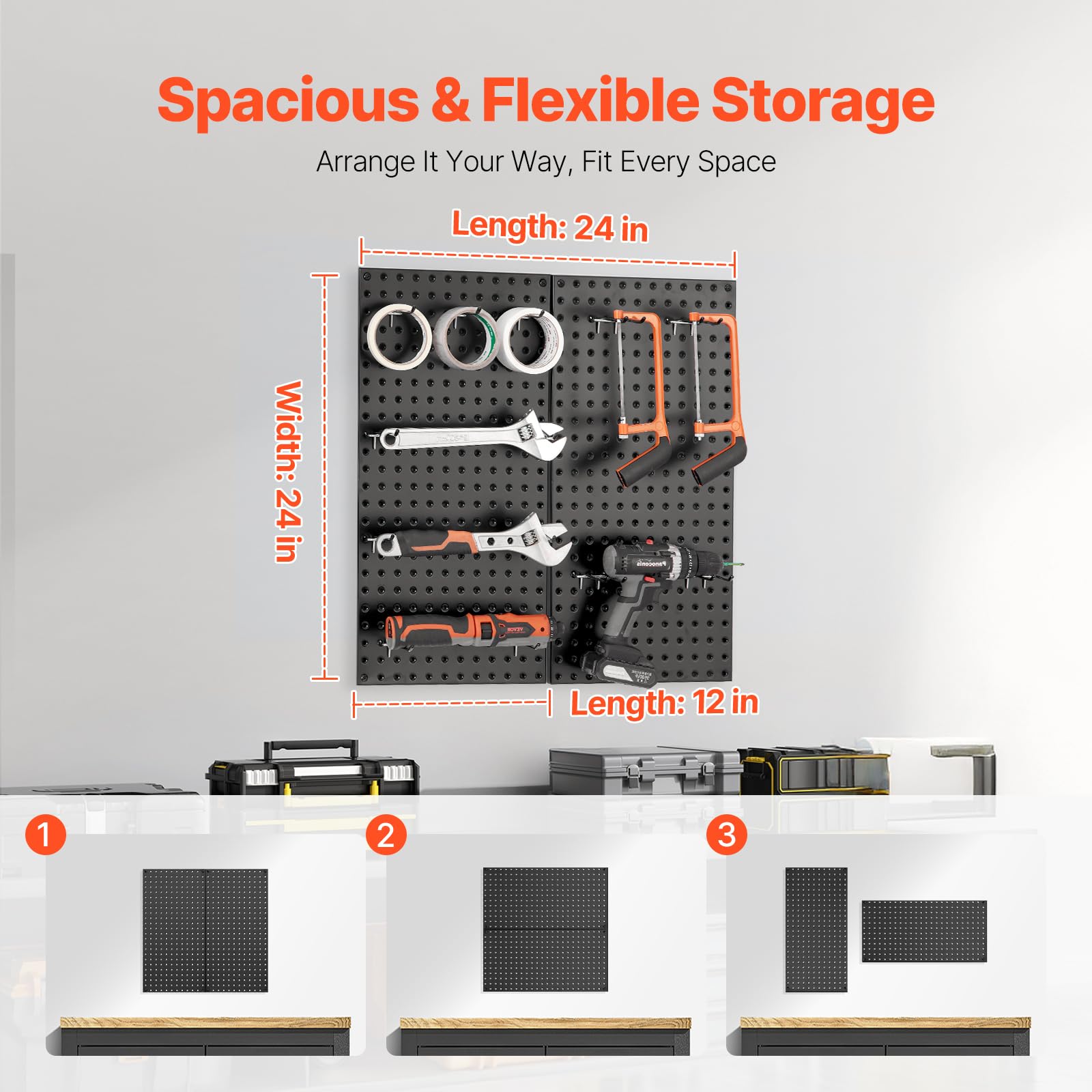 VEVOR Panneau Perforé Mural 609,6x304,8 mm Organiseur Garage en Métal Robuste avec 2 Panneaux Perforés, Accessoires, Kit Rangement d'Outils pour Salle d'Artisanat, Maison, Entrepôt, Magasin, Noir