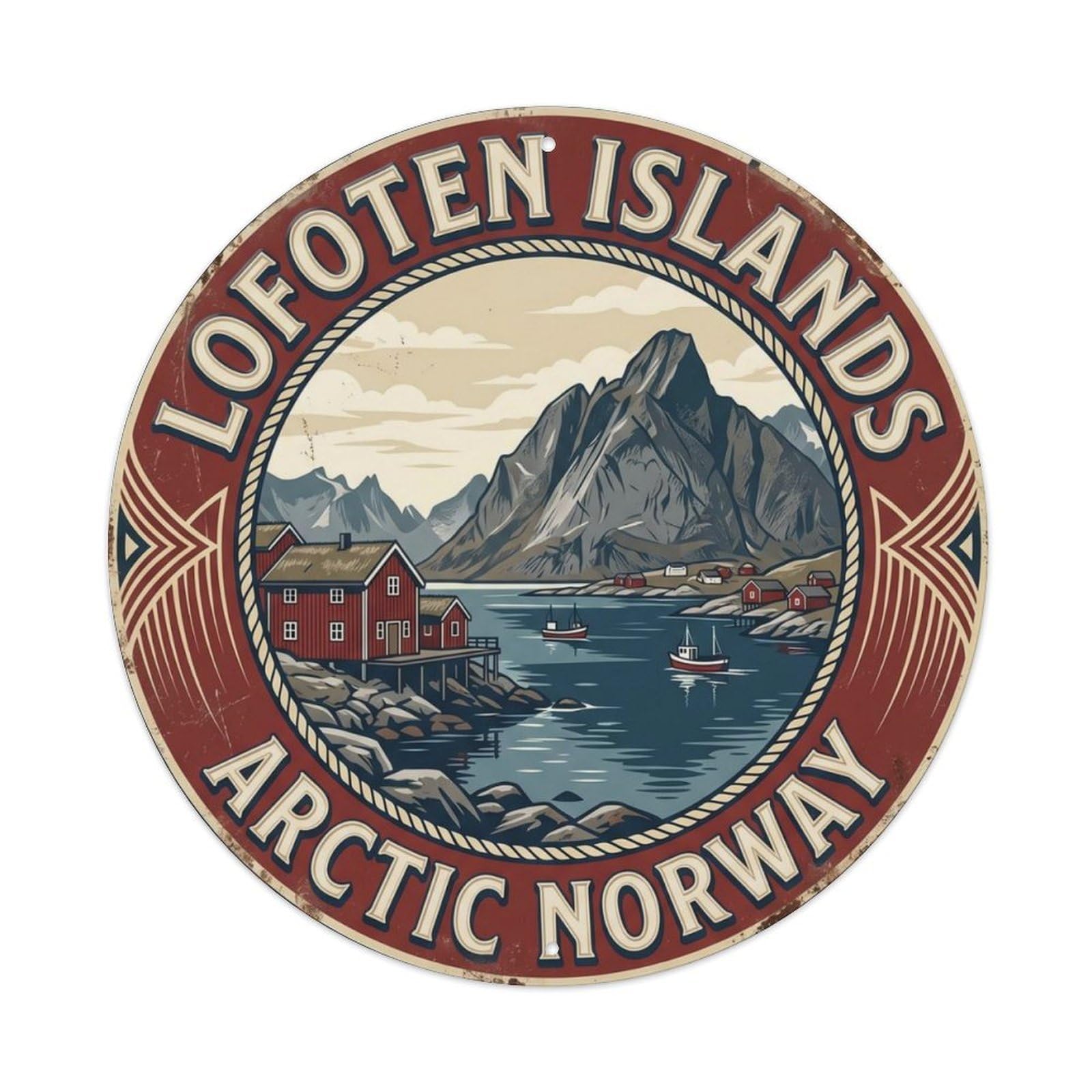Lofoten Islands Arctic Norway Fishing Metal Tin Sign Plaque Wall Decor for Cafe, Club Bar, Office, Home Garden Round Metal Poster 8x8Inch