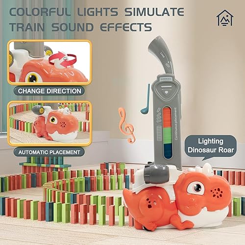 Miniatura 5 de Domino - Juego de juguetes de tren de dinosaurios rosados para niños de 3 a 5 años, 4 a 6 y 5 a 7 años, juegos automáticos de dominó creativos