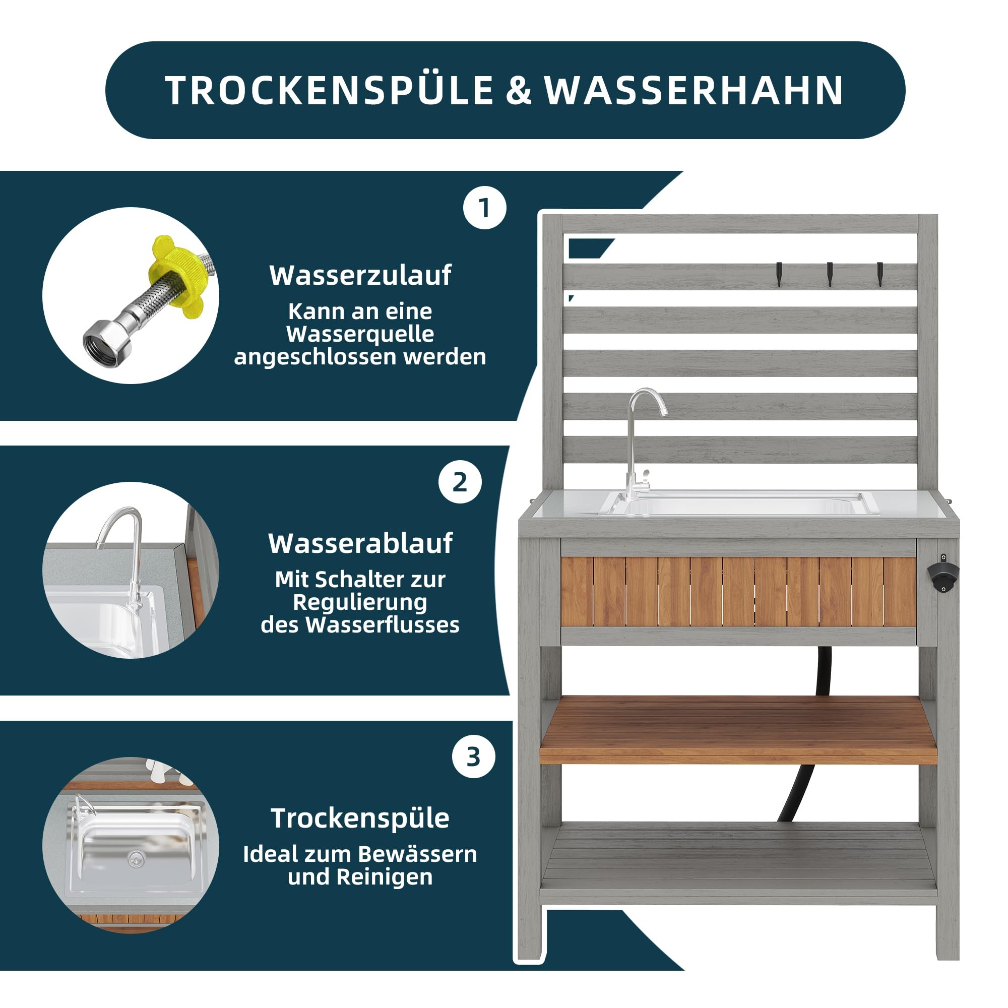 Gartenschrank Holz Outdoor wetterfest Geräteschrank, mit Edelstahl-Arbeitsplatte & großer Schublade, Grillstation mit doppelter Ablage, Kippsicheres Design