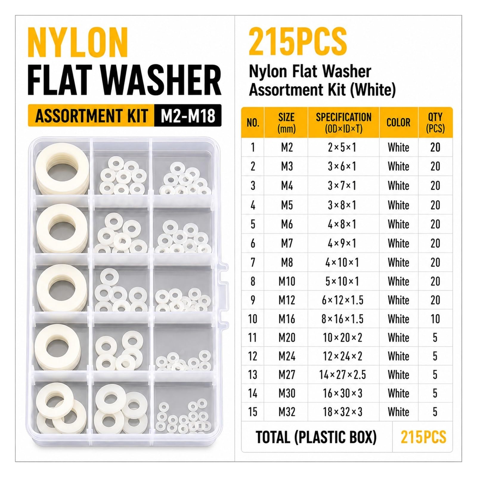 Arandela plana Arandela plana de nailon M2-M18, Kit surtido de 110/215 Uds., caja de paquete de aislamiento de junta de anillo espaciador aislante de plástico blanco y negro(White M2-M18)
