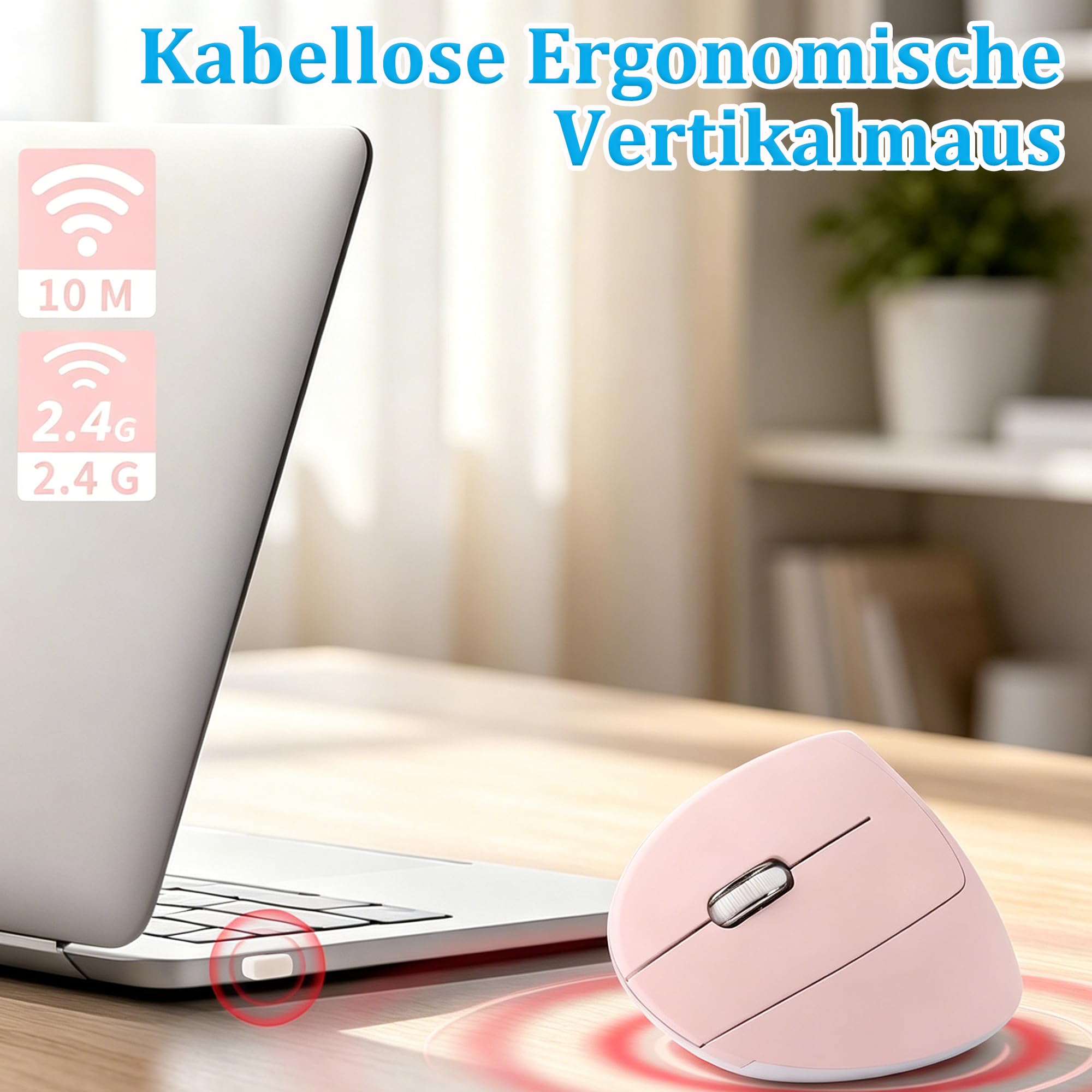 Mouse verticale ergonomico senza fili per mancini, 2,4 G, silenzioso, senza fili, 3 DPI regolabili, 6 pulsanti, per PC, laptop, notebook, computer, allevia il dolore al polso (rosa)