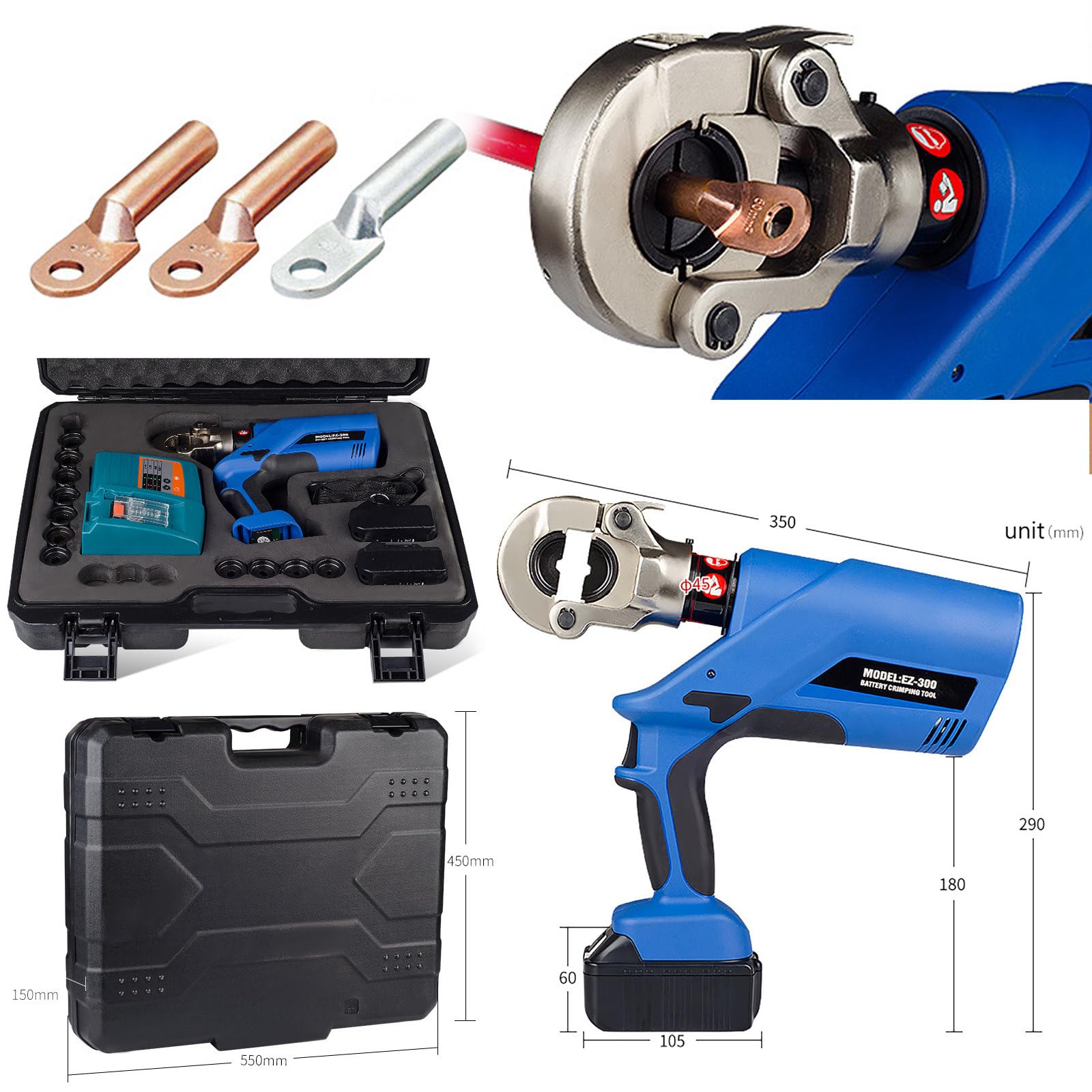 Alicates hidráulicos eléctricos a batería, Herramienta de engaste eléctrica Recargable, Potente prensacables. Incluye 2 baterías de 4.0AH, Cargador, Matrices, 16~400mm²
