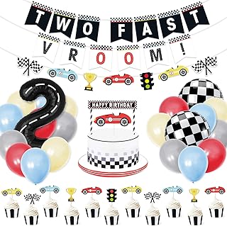 Bessmoso Vintage Two Fast Birthday Race Car Party Decorations Supplies Racing Theme 2nd Birthday Banner Cake Topper Checkered Flags Number Balloons for Let's go Racing Theme Sports Event Party Decor