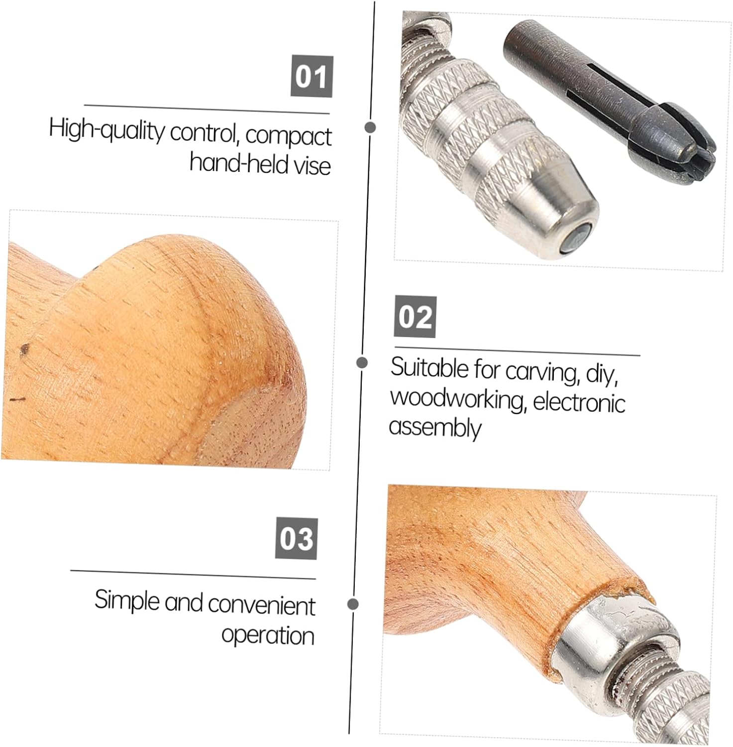 DOITOOL 3 Sets Wooden Handle Pin Vise and Chuck Tool for Jewelry Repair DIY Crafting and Watchmaking Heads Simple Operation Suitable for Woodworking and Model Making