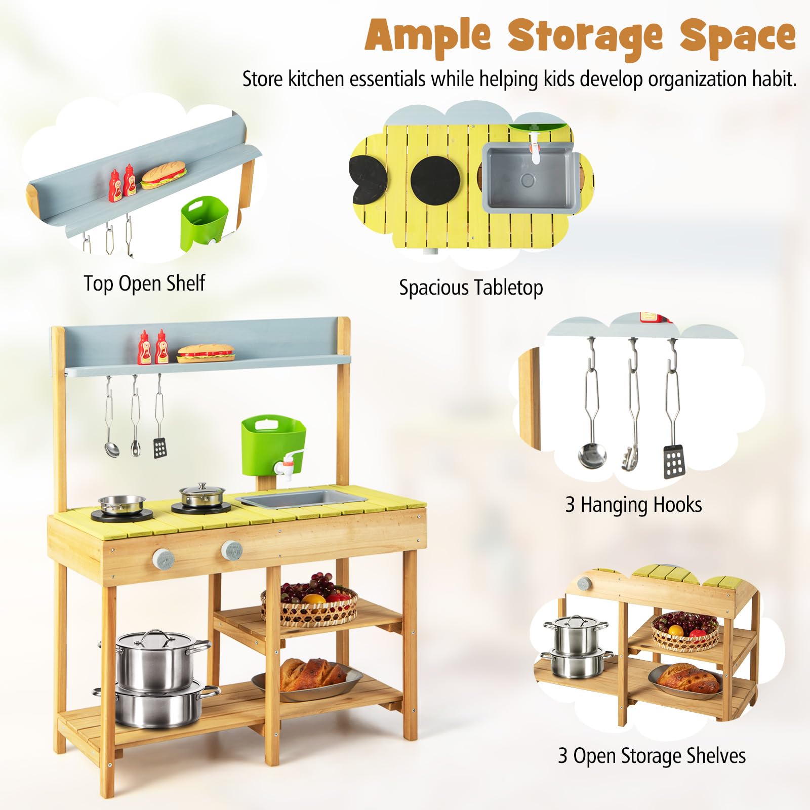 FANTASK Matschküche für Kinder Outdoor & Indoor, Spielküche mit Haken & abnehmbarem Regal, Kinderküche Holz mit Wasserfunktion, Gartenküche Geschenke für Kinder ab 2 Jahren, Natur