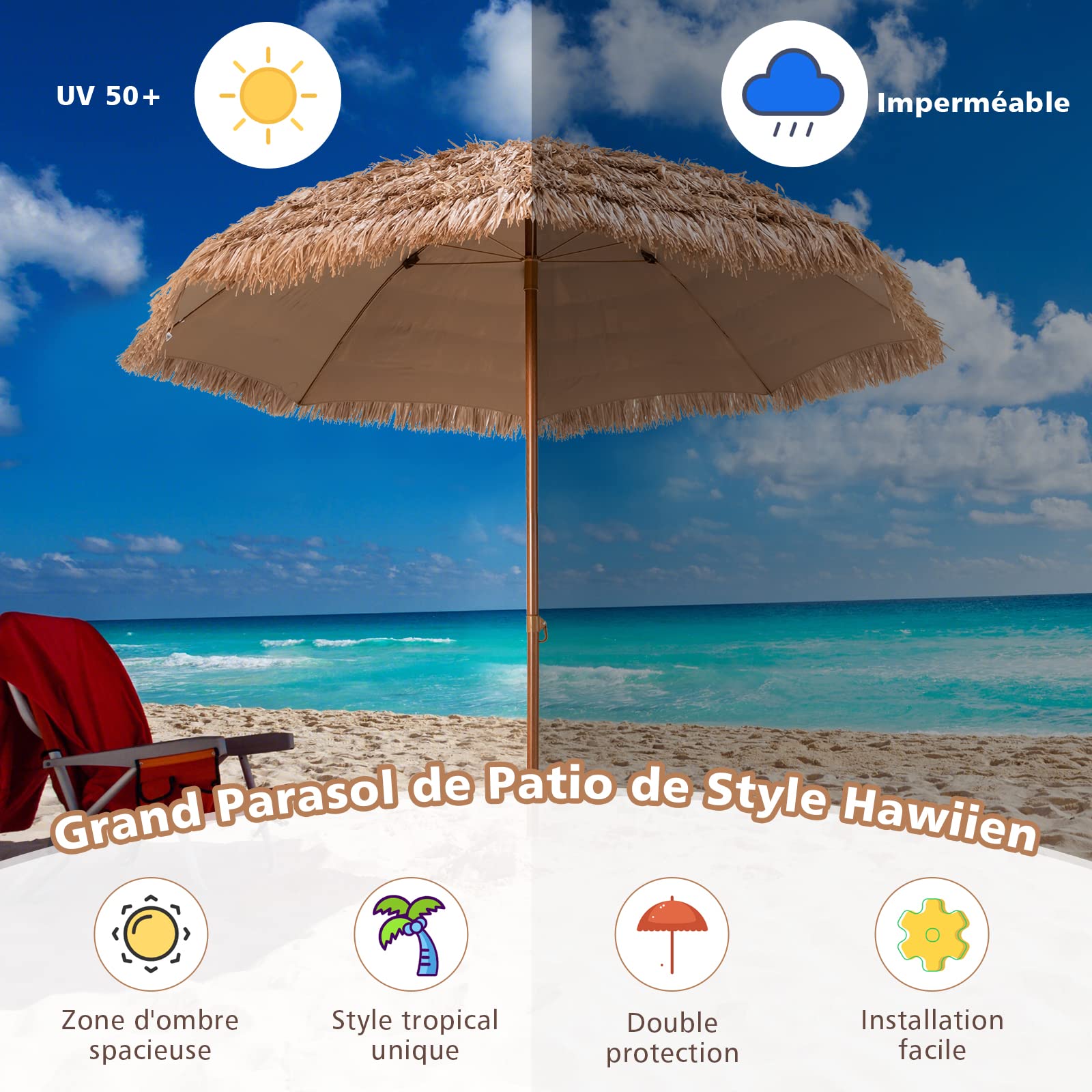 GOPLUS 2,4M Parasol en Paille PP avec Toit Inclinable, Parasol Chaume de Style Hawaïen Tropical Baleines, Bloquer Soleil, pour Patio/Terrasse Jardin H.2,2M