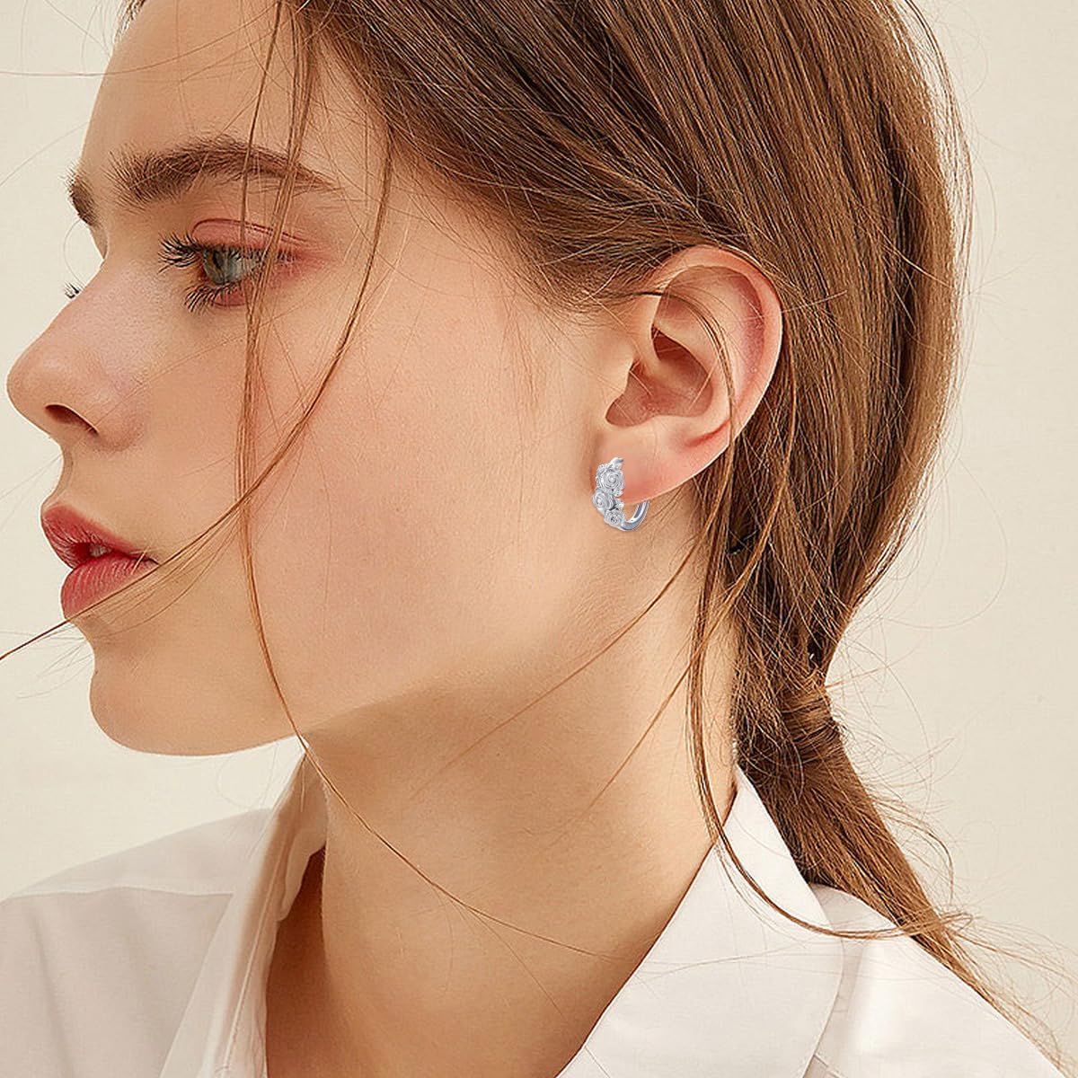 Diamond Rose Flower Hoop Earrings for Women 925 Sterling Silver Flower Earrings Jewelry Gifts for Mom Wife Girlfriend Daughter Sister