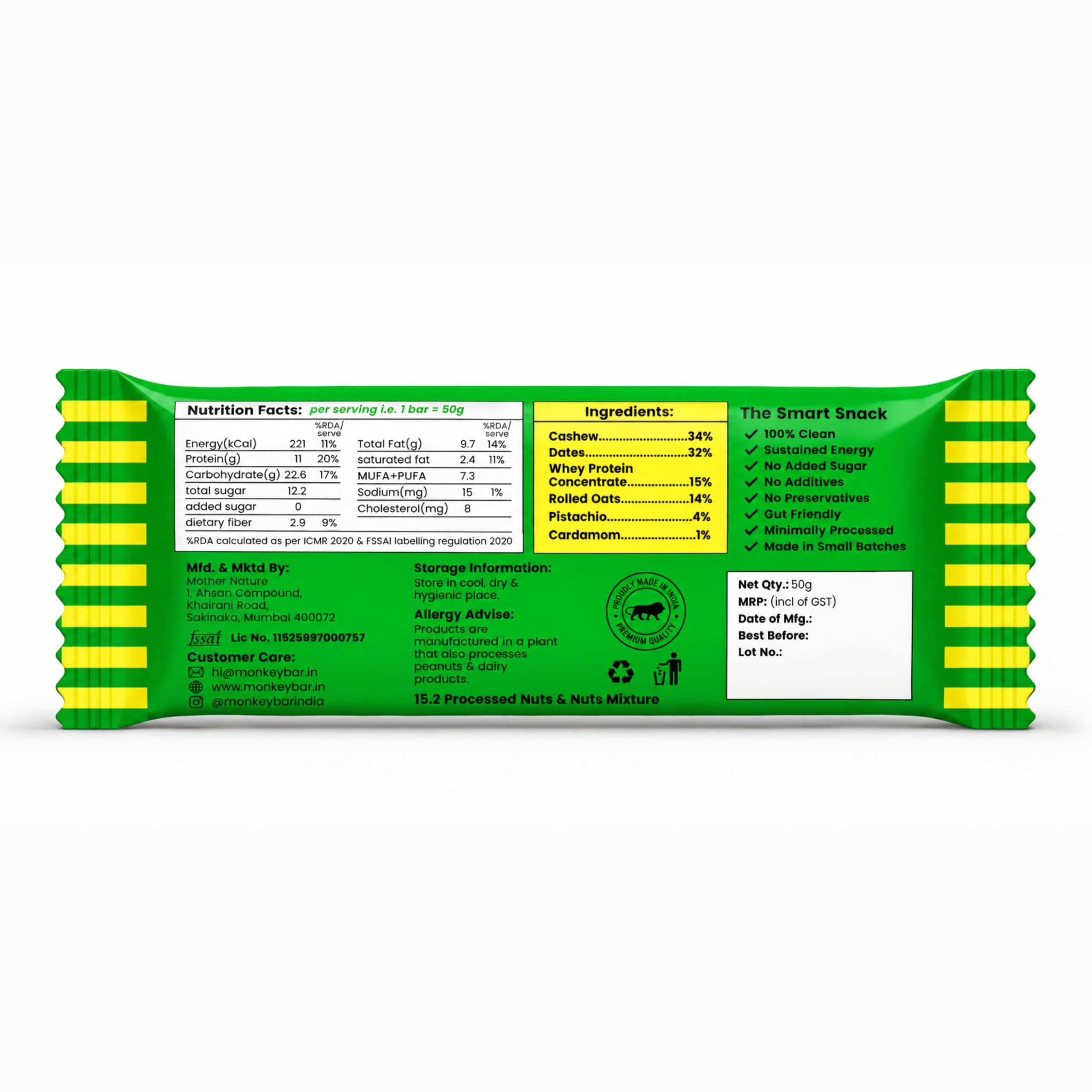 MONKEY BAR Pista Cardamom Protein Bar, 8 x 50g, 11g Protein, No Added Sugar — Amazon image 7