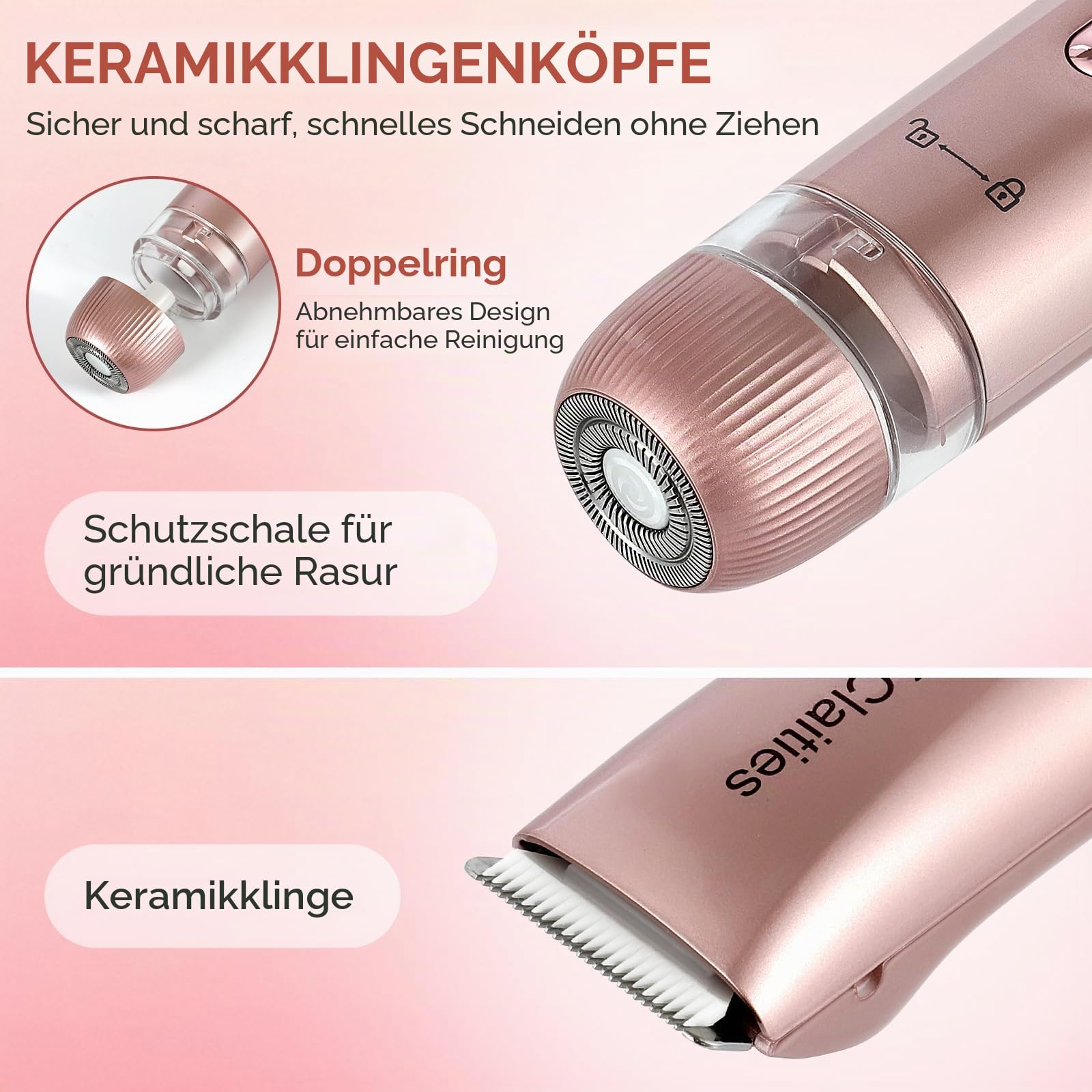 2-in-1 Damen-Bikini-Trimmer mit zwei Kopfen, IPX7, wasserdicht, Nass- und Trockenanwendung, Körperhaarschneider und Gesichtshaarentferner für Bikini, Achselhöhlen, Beine, Arme, Körper, Gesicht