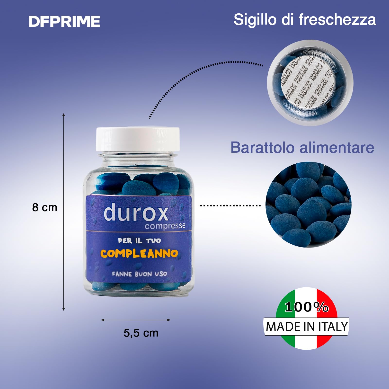 DUROX Compresse Blu Compleanno – Scherzo Wiagras Goliardico per Compleanno Uomo – Idea Regalo Divertente per Compleanno – Confetti Blu al Cioccolato – FANNE BUON USO – Confezione Simpatica