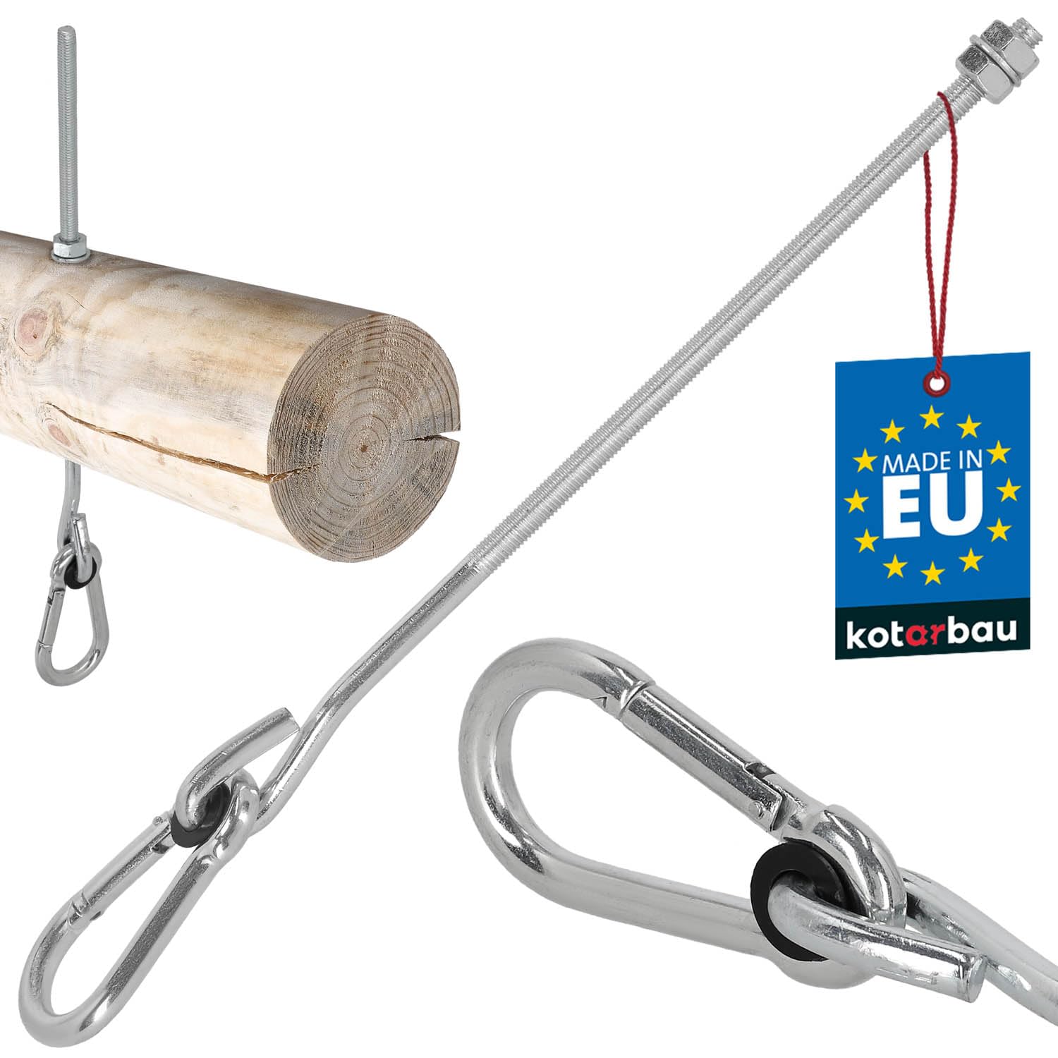 KOTARBAU® Pieces Swing Hook - Galvanised Steel - M10 x 330 mm (12.99 inches) - Silver - with Carabiner and Wood Thread - Swing Hanger