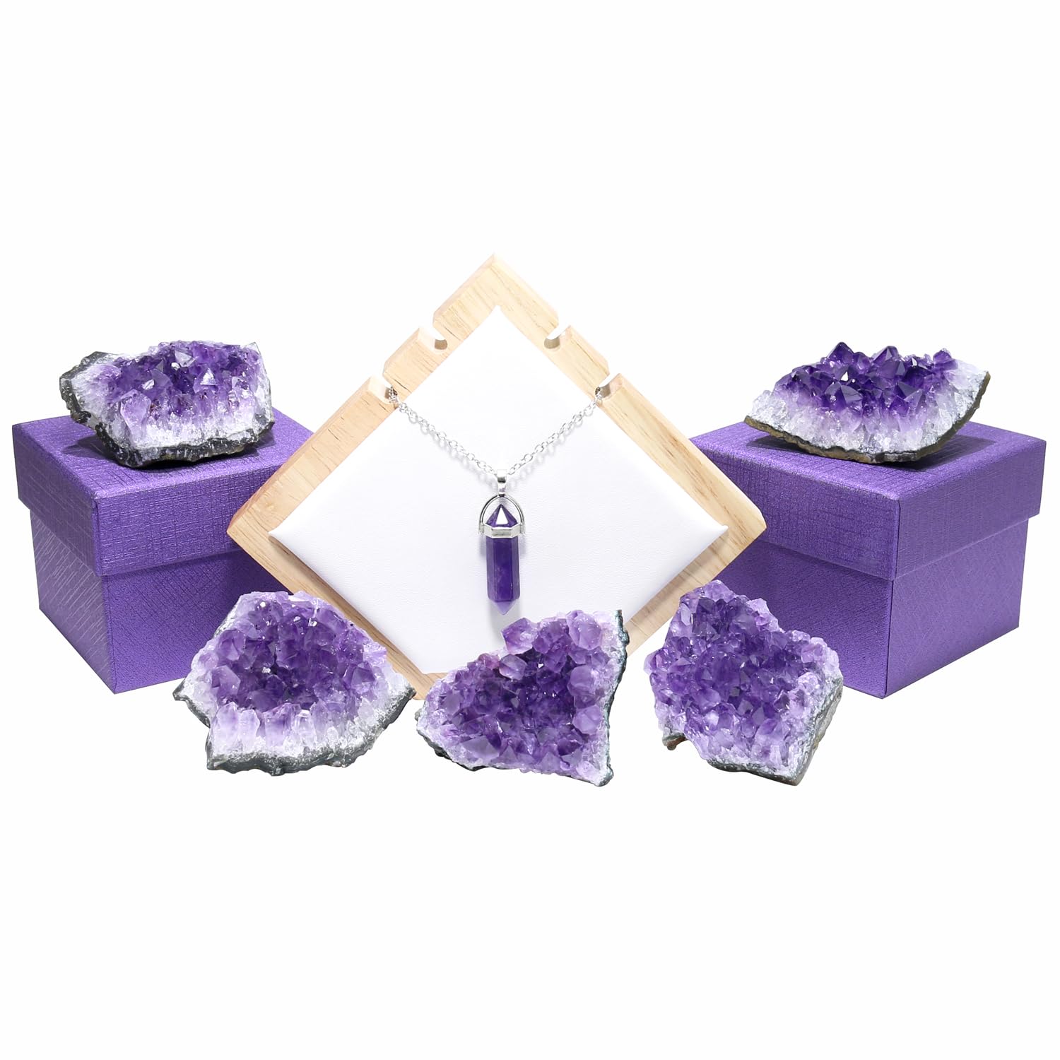Namzi Cristalli di ametista con collana di bacchetta di ametista, grappoli di ametista, cristalli di amitestista, cristallo viola, cristallo di amatesi, geodo di ametista naturale, circa 0,1 lb