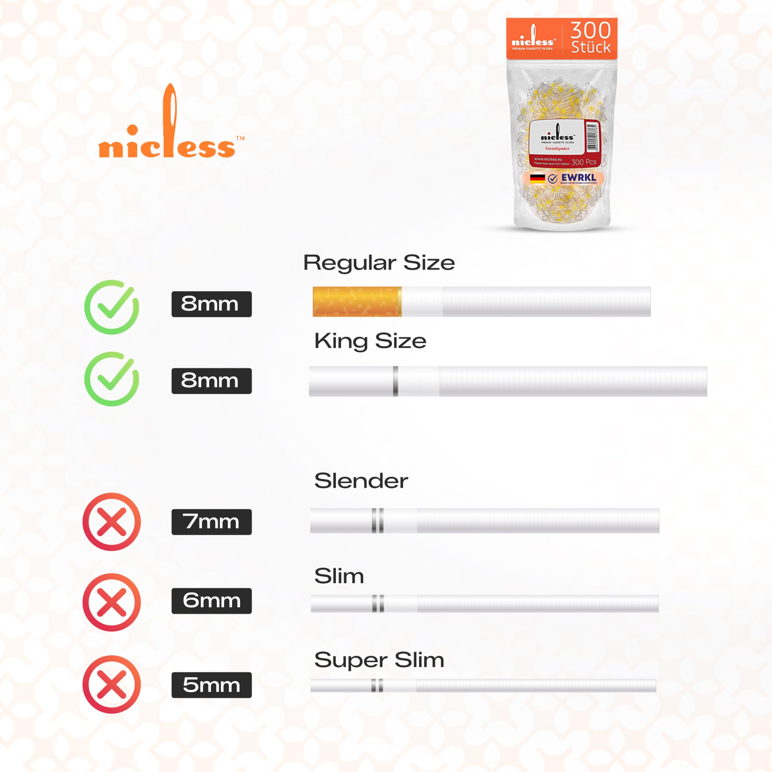Nicless 450 Disposable Cigarette Filter Tips, Regular 8mm | Premium King Size Filter Tips for Regular & King Size Cigarettes | Visible Tar Proof