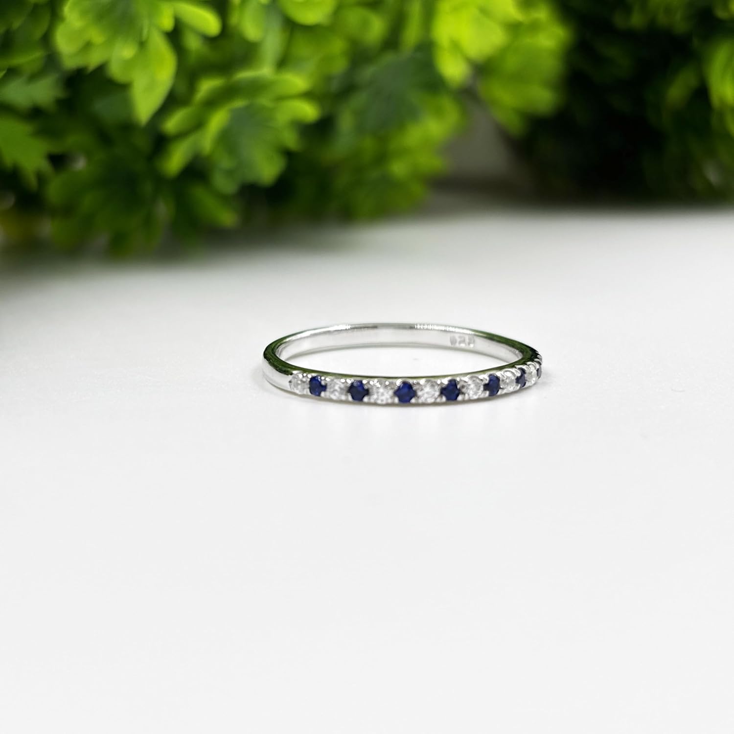 Alternate Blue Sapphire & White Diamond Wedding Band For Women, 14k Gold Finish September Birthstone Blue Sapphire Half Eternity Ring, Anniversary Band For Women