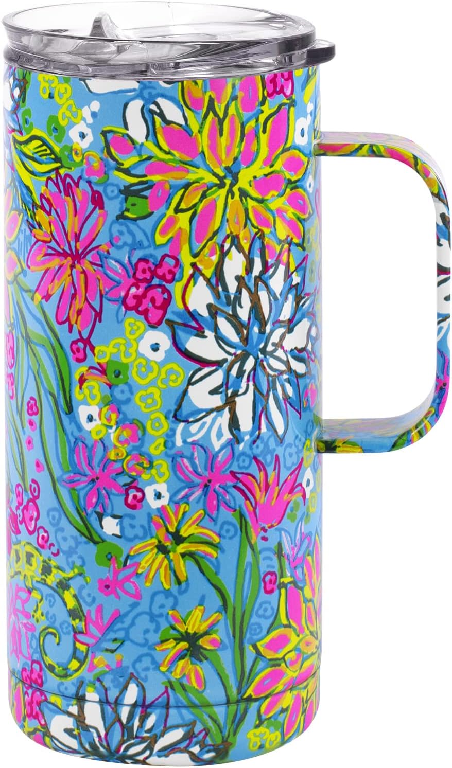 Lilly Pulitzer 16 Oz Travel Mug with Handle and Lid, Stainless Steel Insulated Coffee Tumbler, Double Wall Metal Cup, Walking on Sunshine