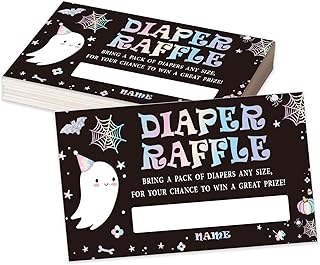 Baby Shower Raffle Tickets 50pcs, 3.5 x 2.1 Ghost Theme Diapers Tickets, Diaper Raffle Tickets, Gender Reveal Game, Diaper Raffle Invitation Cards for Boy Girl, Baby Shower Game Supplies - A07