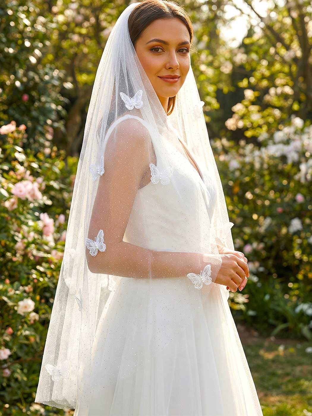 HEREAD Short Bride Wedding Veil with Butterflies Fingertip Length Sparkly Bridal Tulle Veils Hair Accessoies with Comb