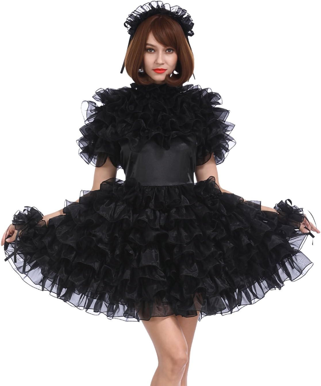 Sissy Girl Lockable Maid Bow Dress Satin Puffy Crossdress Transgender Costume &a