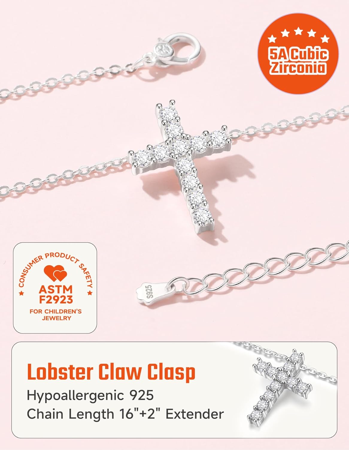 Cross Necklace for Girls Women 925 Sterling Silver 14K Gold Plated 5A Cubic Zirconia Womens Cross Jewelry Pendant, Birthday Valentine's Day Baptism Christian Gifts for Her Wife (White/14K/Rose)