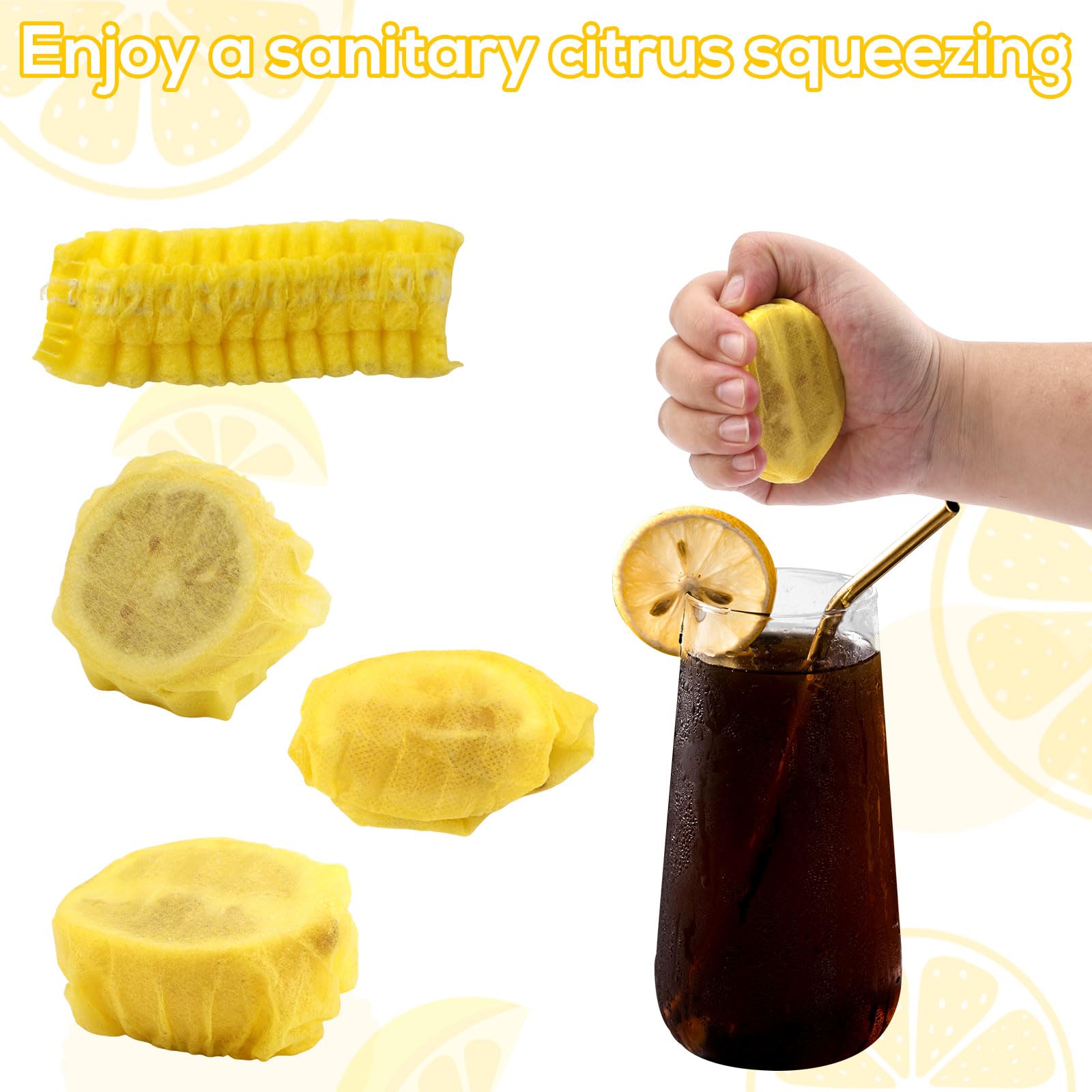 BOXOB 100 Confezioni Coperture per Limoni per Spremere, Retino per Limoni Sacchetti per Spicchi di Limone Panni per Spremere il Limone Fasce Elastiche per Metà e Spicchi di Limone (Giallo)