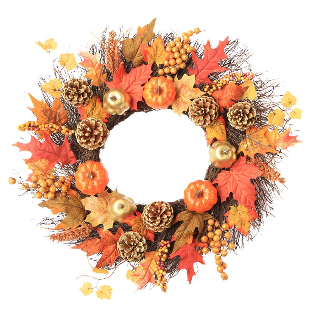 Guirnalda de Hojas de Arce de Calabaza Artificial, Vacaciones de otoño, Día de Acción de Gracias, Guirnalda Colgante de Pared para Puerta Delantera, decoración de Cosecha para el hogar de 60CM