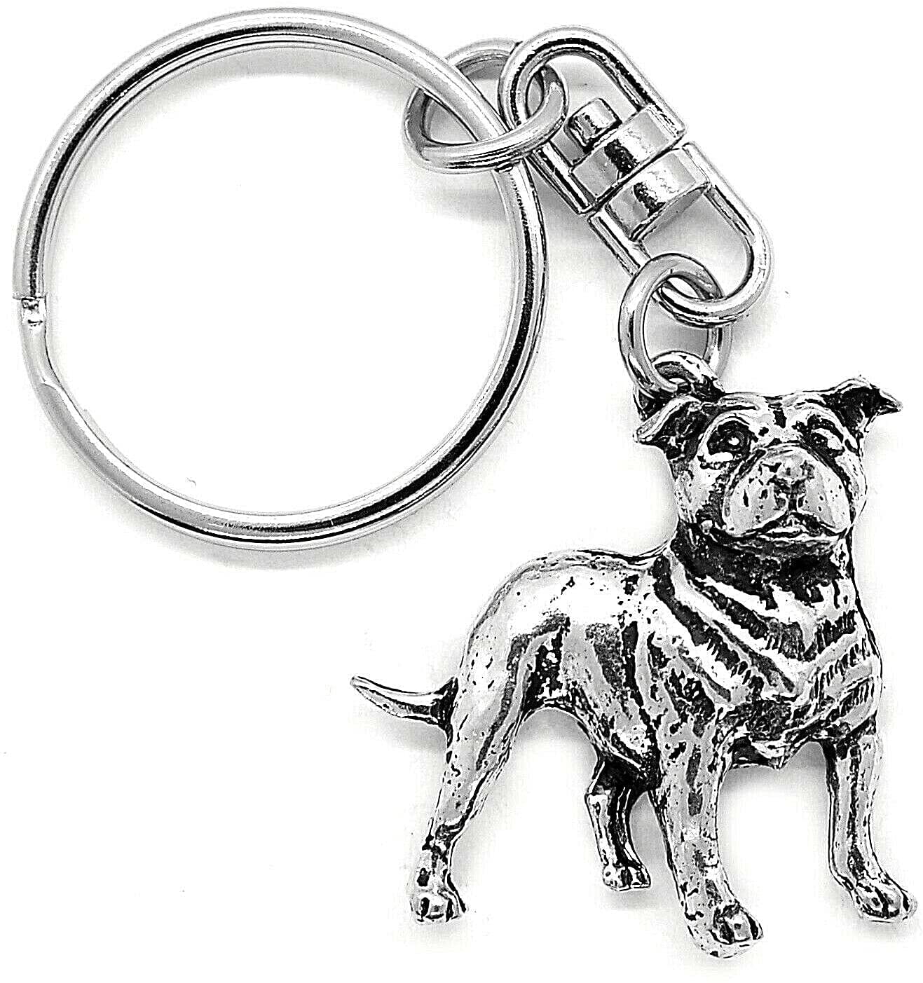 Staffordshire Staffie Bull Terrier Dog Silver Pewter Keyring (single sided) in a burlap pouch