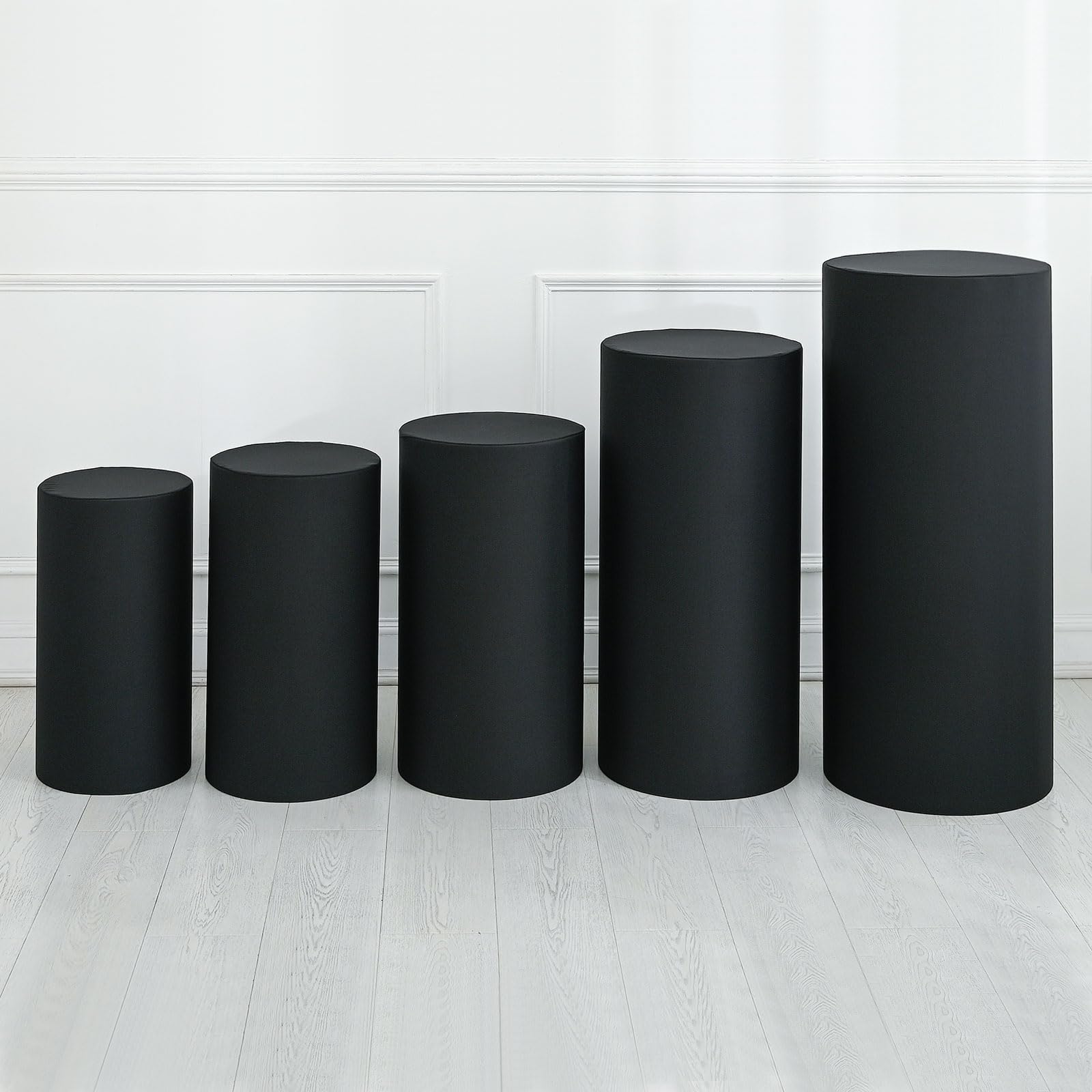 QUARKZMAN Lot de 5 Housses de Socle Cylindrique en Spandex Noir, Housse de Socle pour Décoration de Fête Mariage Anniversaire, Contient uniquement les Housses Cylindriques (Tissu Élastique)