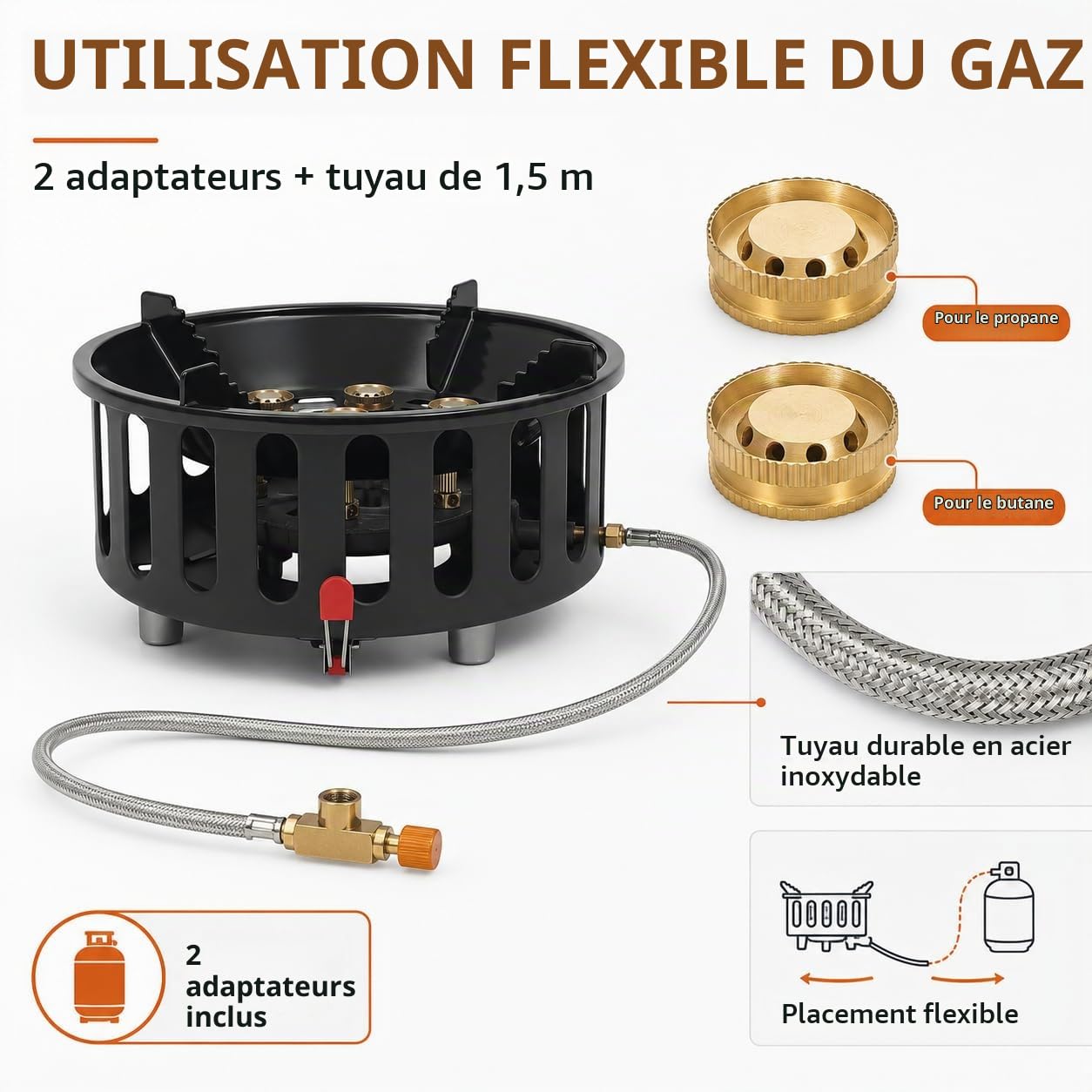 Réchaud de camping 21000 W, portable, avec 3 adaptateurs pour propane et butane, cuisinière à gaz d'extérieur légère avec allumage électronique, idéal pour les randonnées, la randonnée et le camping