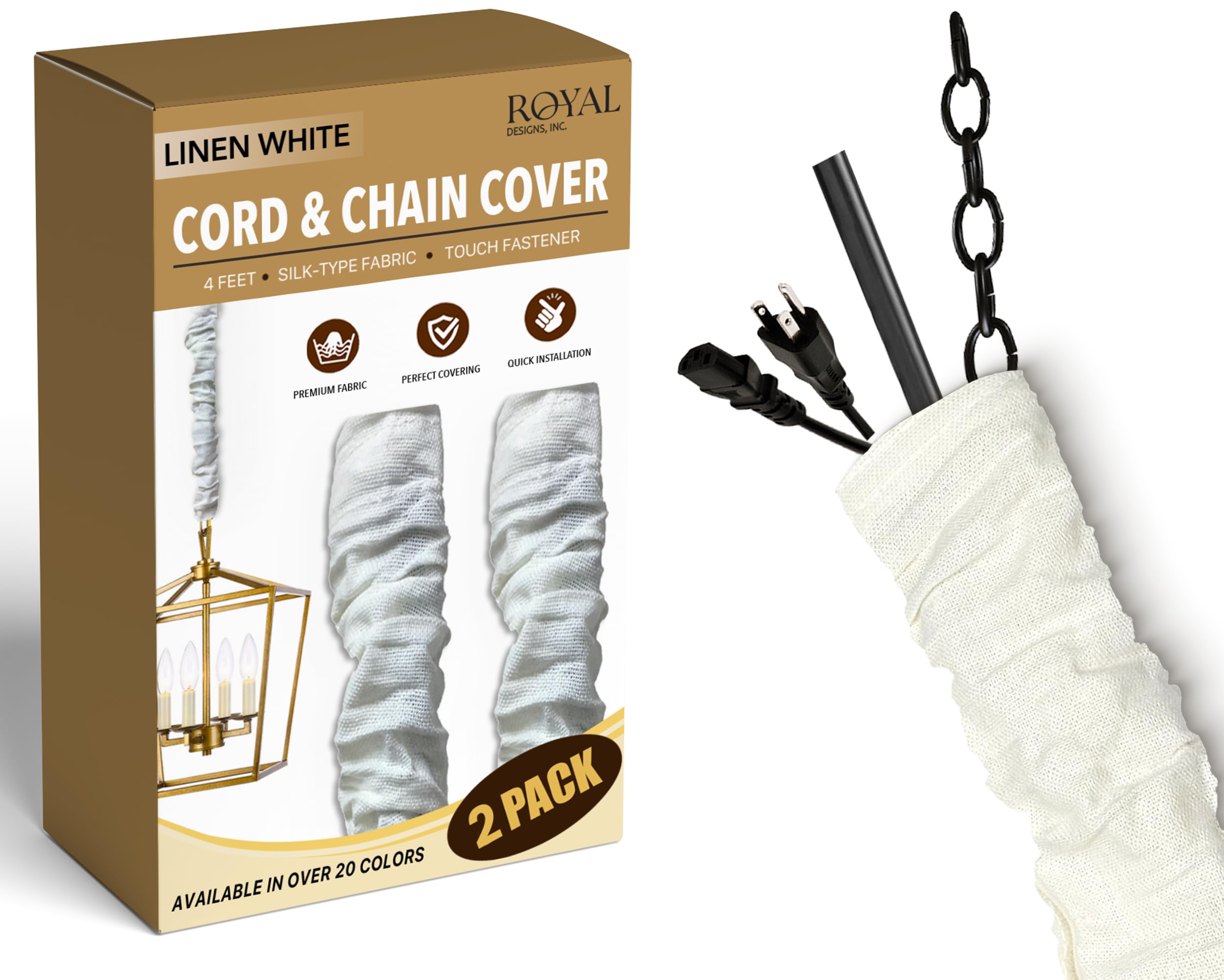 Royal Designs, Inc. Cord &amp; Chain Cover 4 ft Silk Type Fabric, Chandelier Pendant Lighting Chain &amp; Cable Management, Touch Fastener, Linen White - 2 Pack